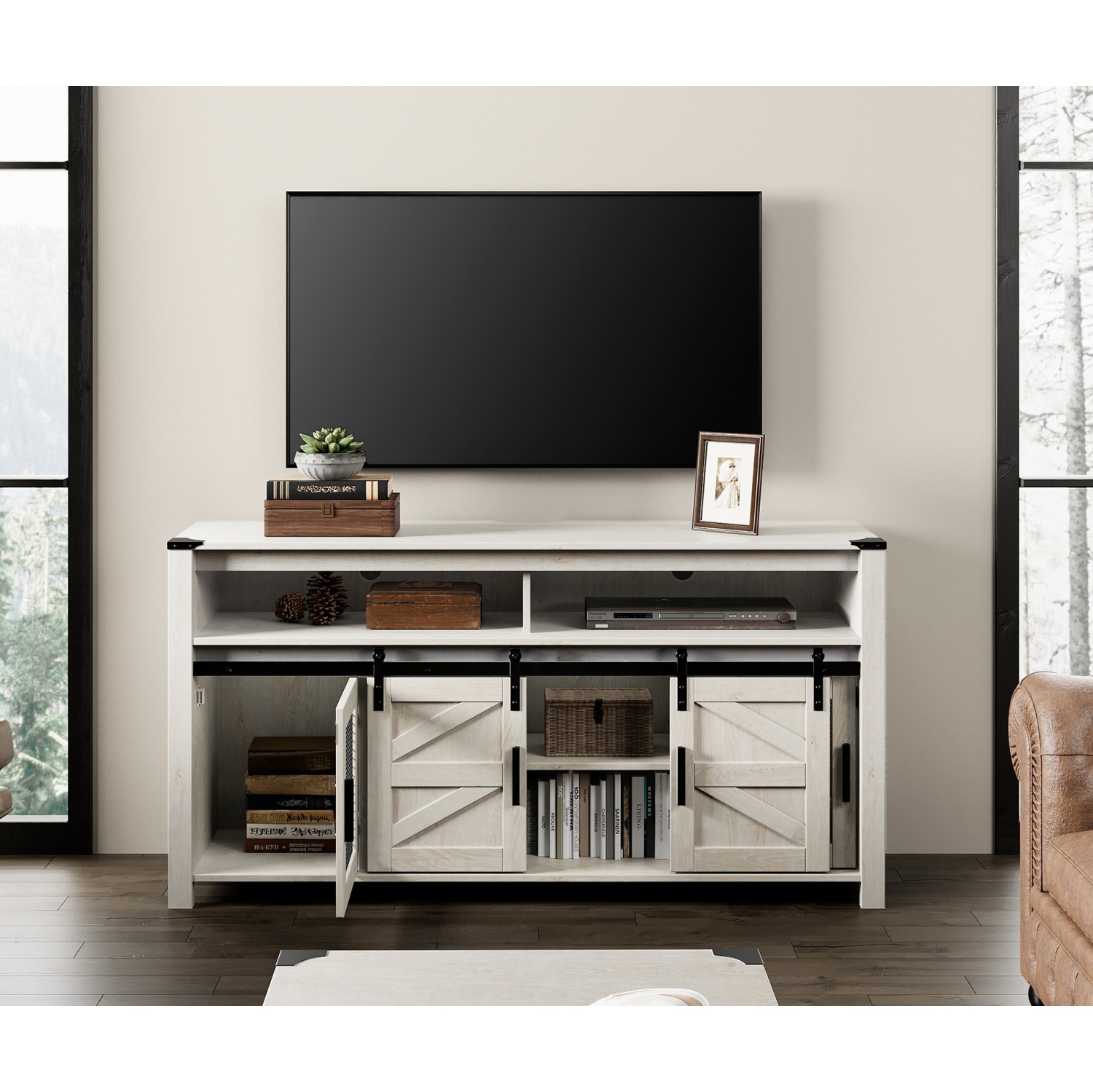 Ensemble de meuble pour téléviseur 100 po de WAMPAT, armoire de rangement à porte avec filet pour le salon, unités de rangement de style