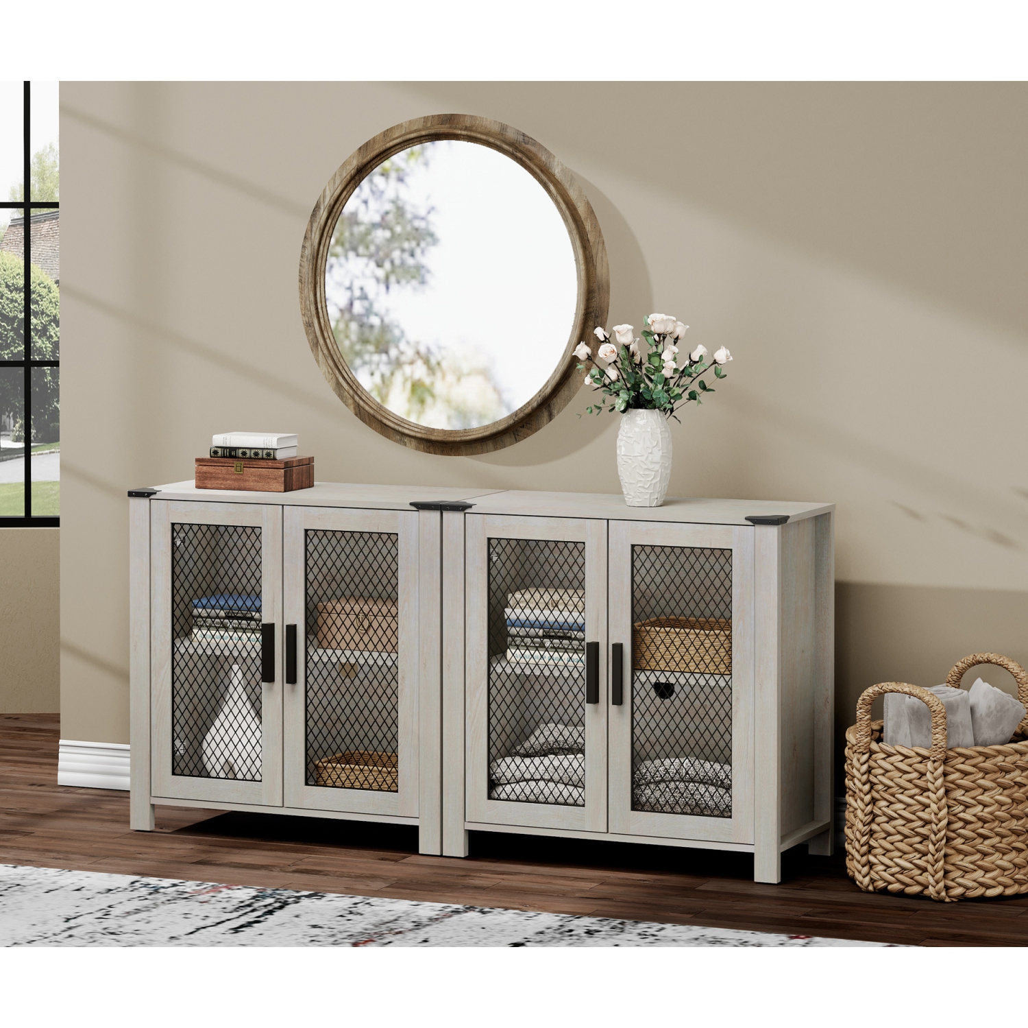 Ensemble de meuble pour téléviseur 100 po de WAMPAT, armoire de rangement à porte avec filet pour le salon, unités de rangement de style