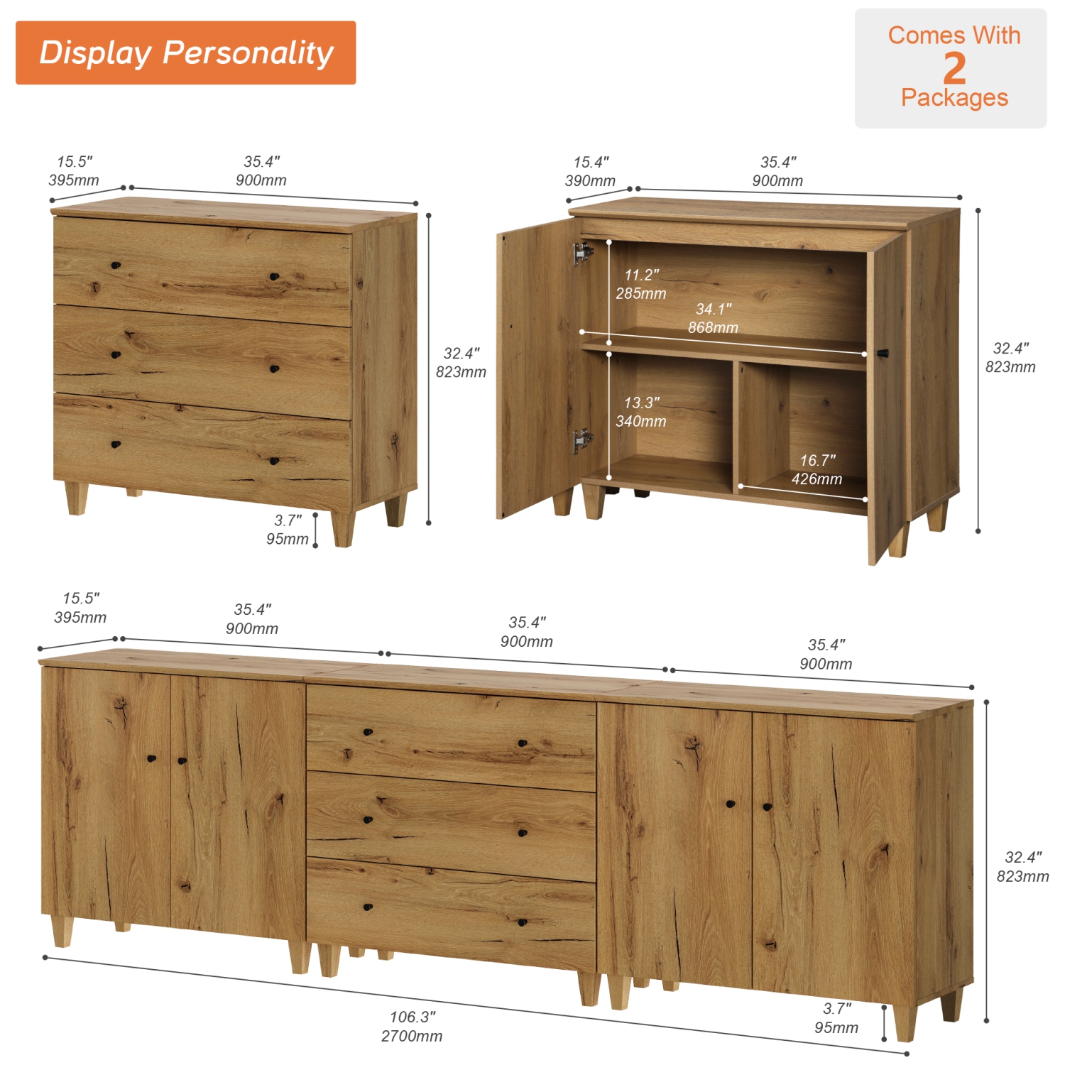 WAMPAT TV Stand for 100+ Inch TVs,3-in-1 Modern Entertainment Center with 4 Doors and 3 Drawers,106" Wooden Media Console Table with Compartments for