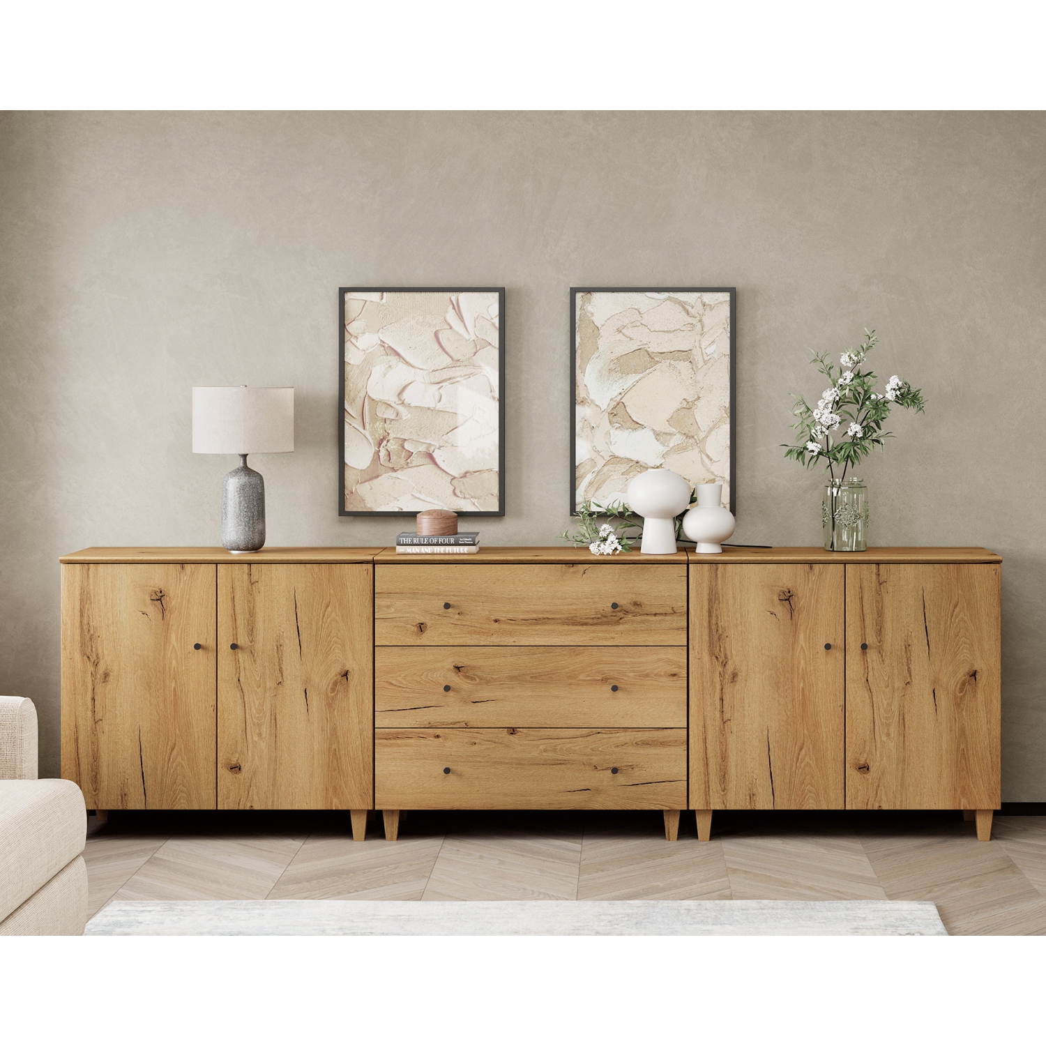 WAMPAT TV Stand for 100+ Inch TVs,3-in-1 Modern Entertainment Center with 4 Doors and 3 Drawers,106" Wooden Media Console Table with Compartments for