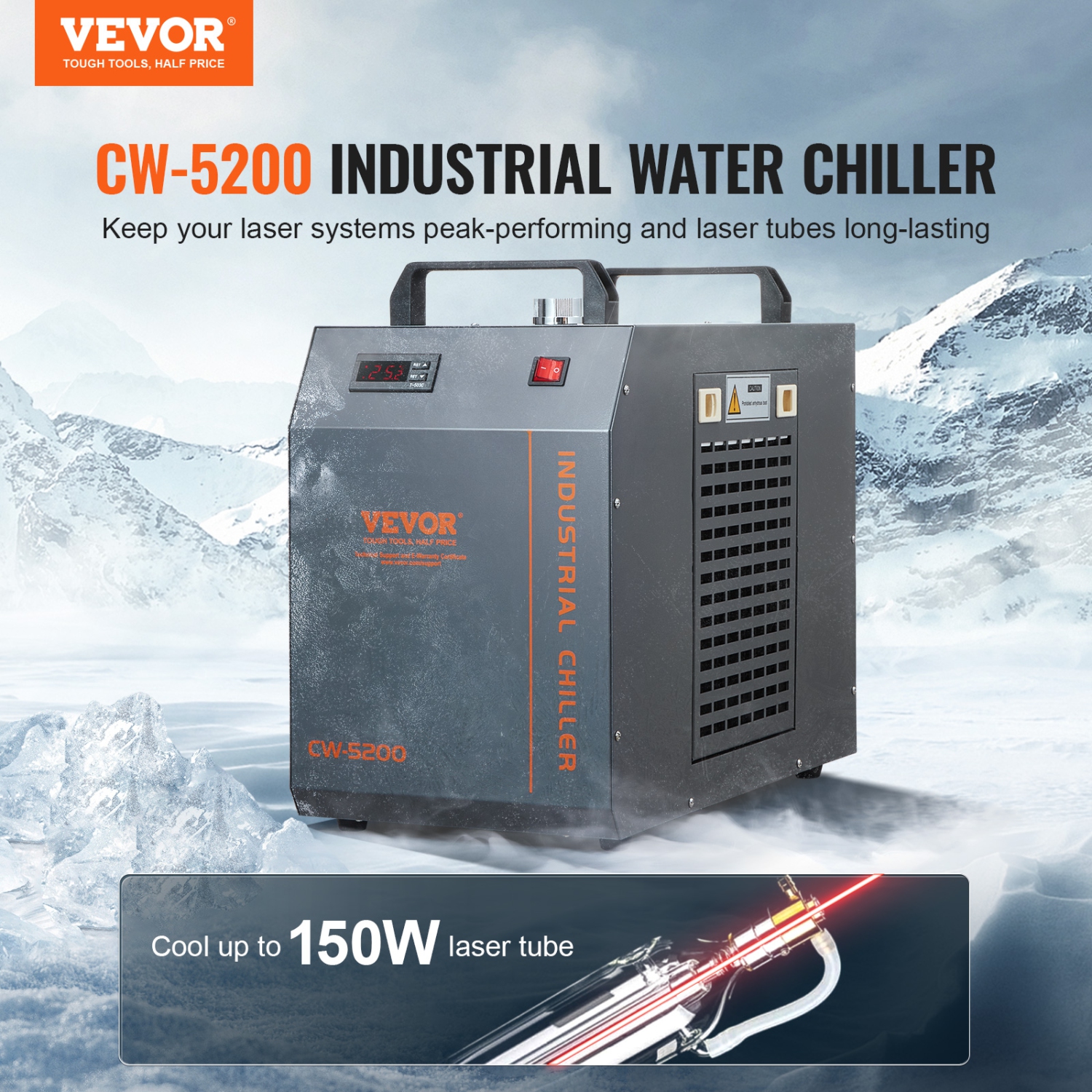 VEVOR CW-5200 Industrial Water Chiller, Industrial Water Cooler Cooling System with Built-in Compressor 7L Water Tank Capacity 13 L/min Max Flow