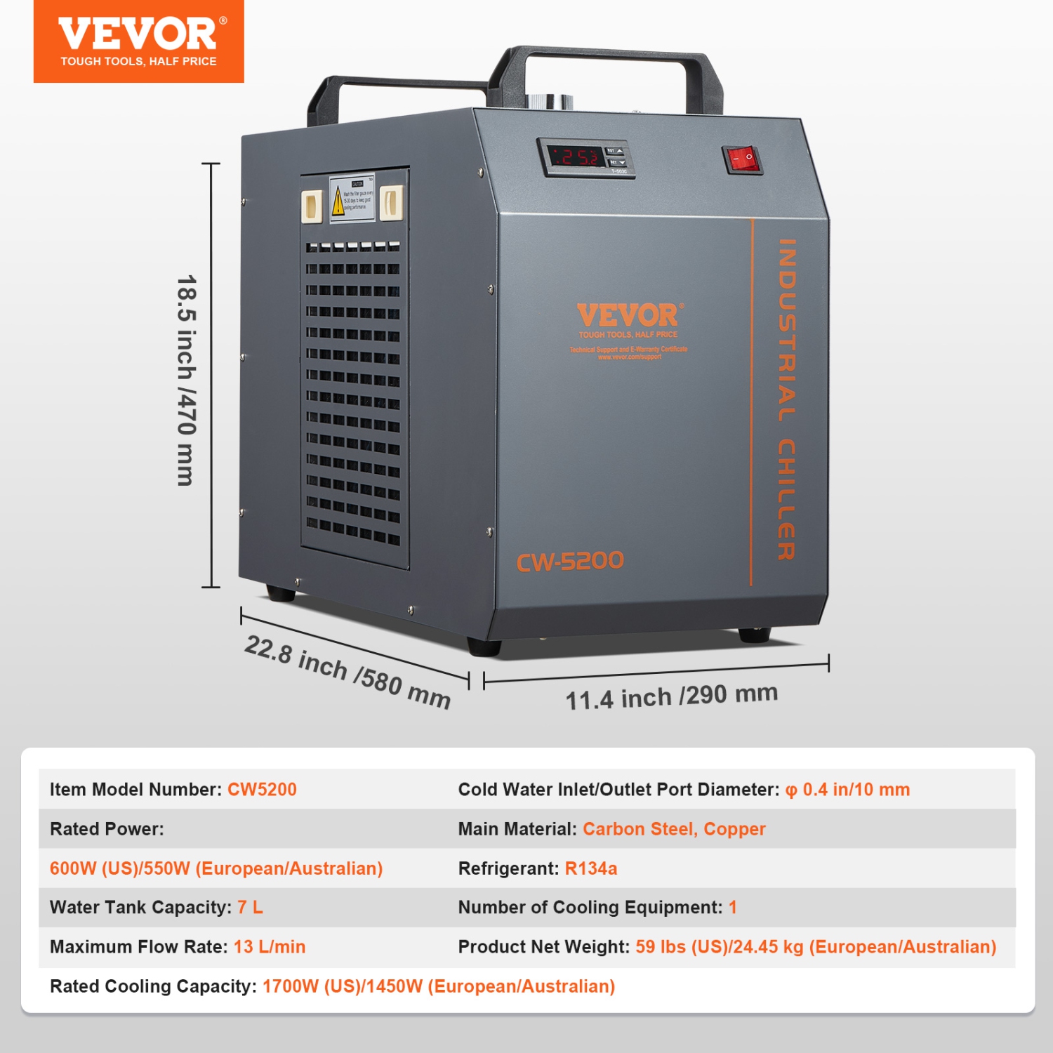 VEVOR CW-5200 Industrial Water Chiller, Industrial Water Cooler Cooling System with Built-in Compressor 7L Water Tank Capacity 13 L/min Max Flow