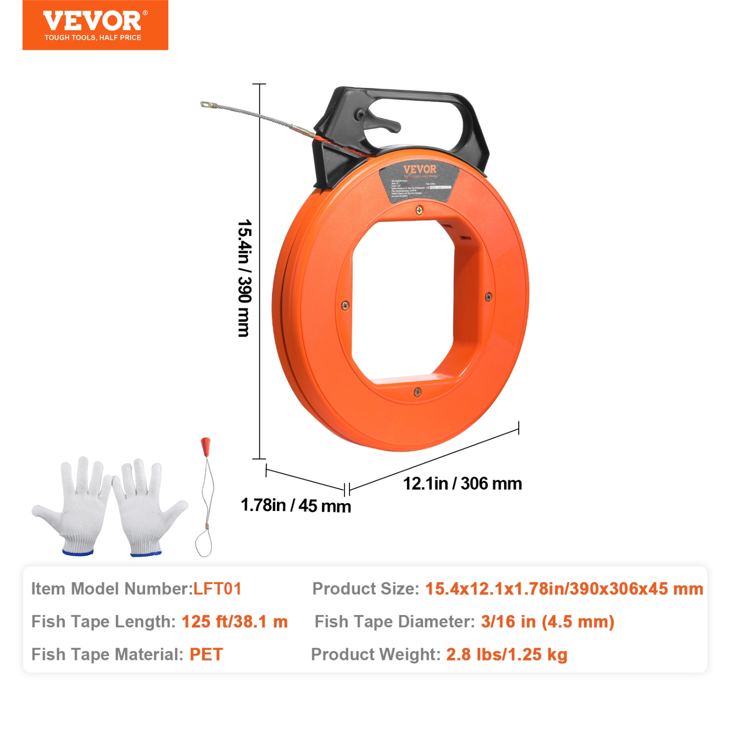 VEVOR 125-foot Fish Tape, 3/16-inch, PET Wire Puller with Optimized Housing and Handle, Cable Puller Tool, Flexible Wire Fishing Tools for Electrical