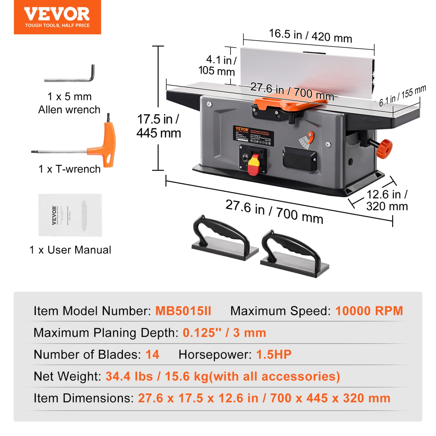 VEVOR 6 in Spiral Benchtop Jointer, 1.5HP 10000 RPM Bench Top Wood Jointer, with 14-Blade Spiral Cutterhead 0-1/8'' Adjustable Depth 6.1x27.6''