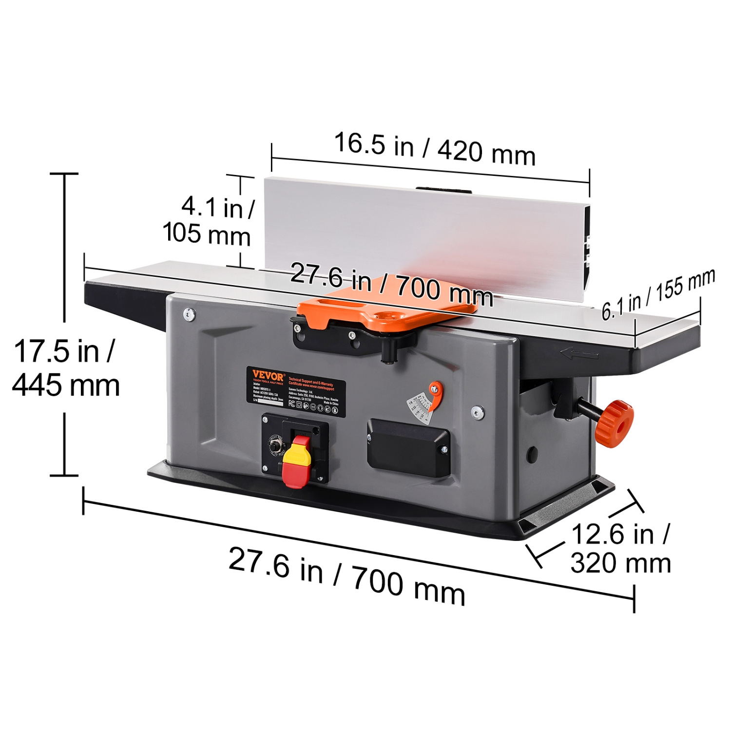 VEVOR 6 in Spiral Benchtop Jointer, 1.5HP 10000 RPM Bench Top Wood Jointer, with 14-Blade Spiral Cutterhead 0-1/8'' Adjustable Depth 6.1x27.6''
