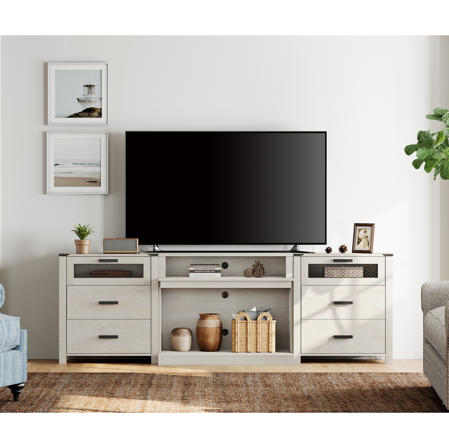 WAMPAT Farmhouse TV Stand Set for 100 inch TV,6 Drawer Entertainment Center with Storage and Open Shelves,Wood Media TV Console Table for Living and