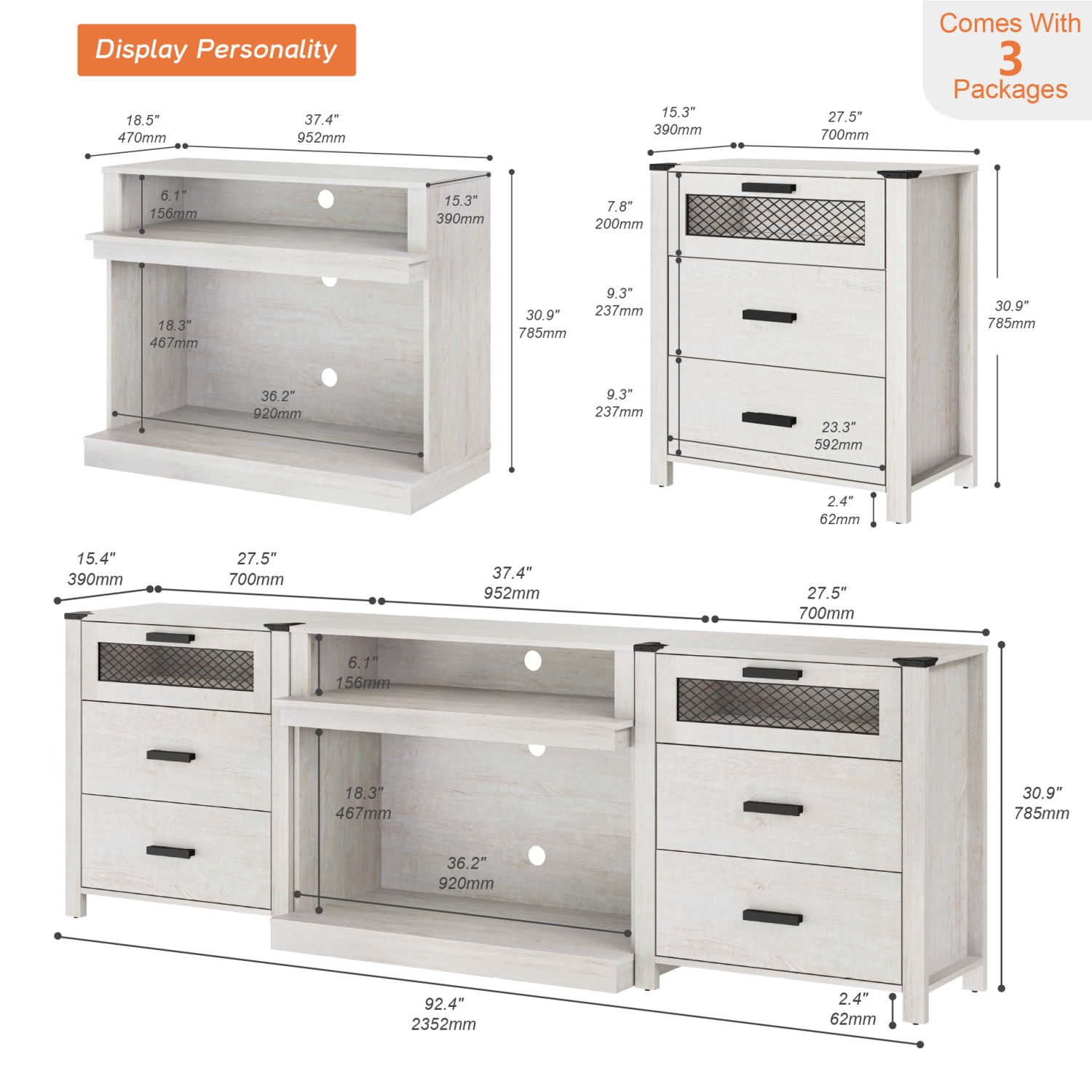 WAMPAT Farmhouse TV Stand Set for 100 inch TV,6 Drawer Entertainment Center with Storage and Open Shelves,Wood Media TV Console Table for Living and