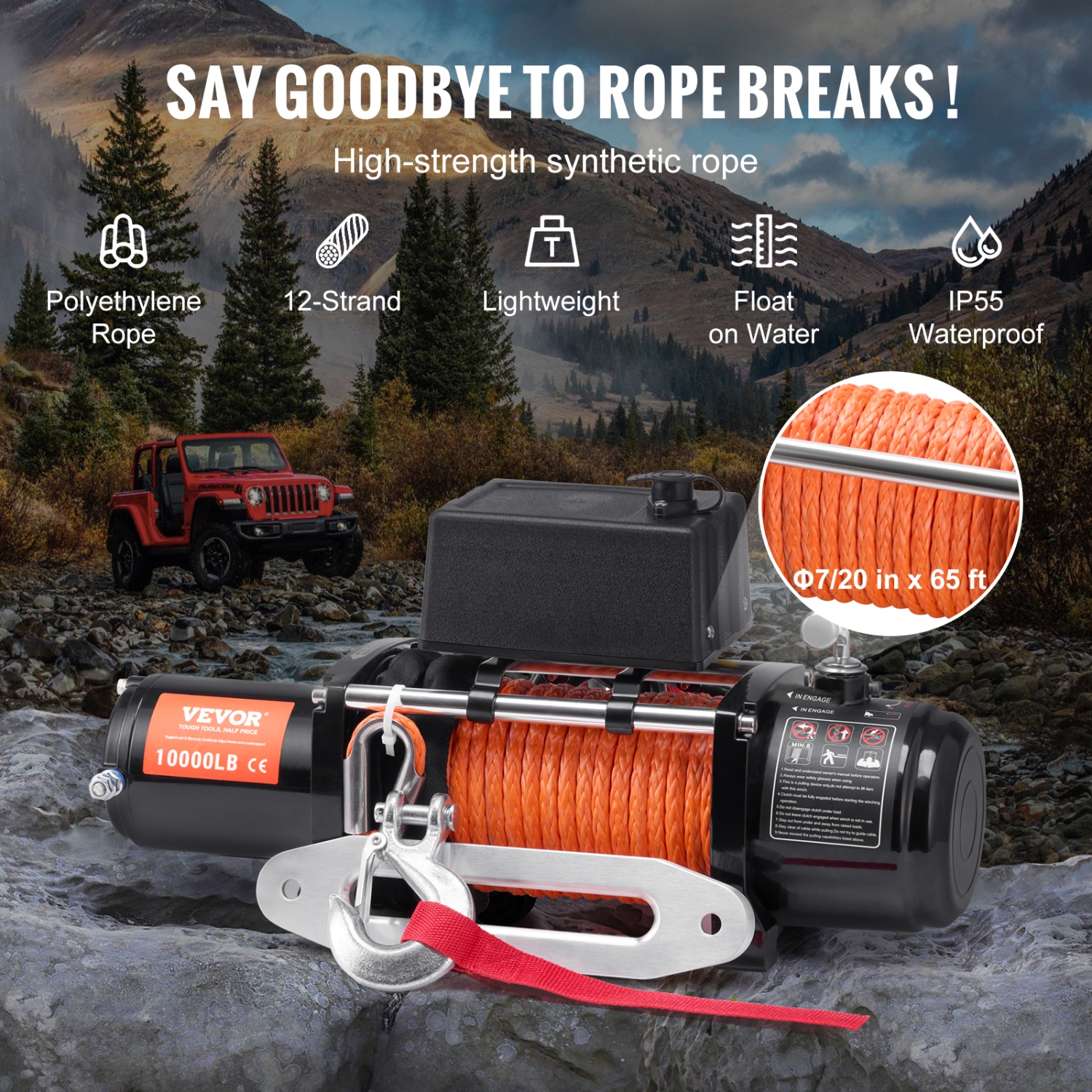 VEVOR 10,000 lb Electric Winch, 12V DC Truck Winch with Φ7/20 in x 65 ft Synthetic Rope Aluminum Fairlead Wireless & Wired Remote Control, IP55
