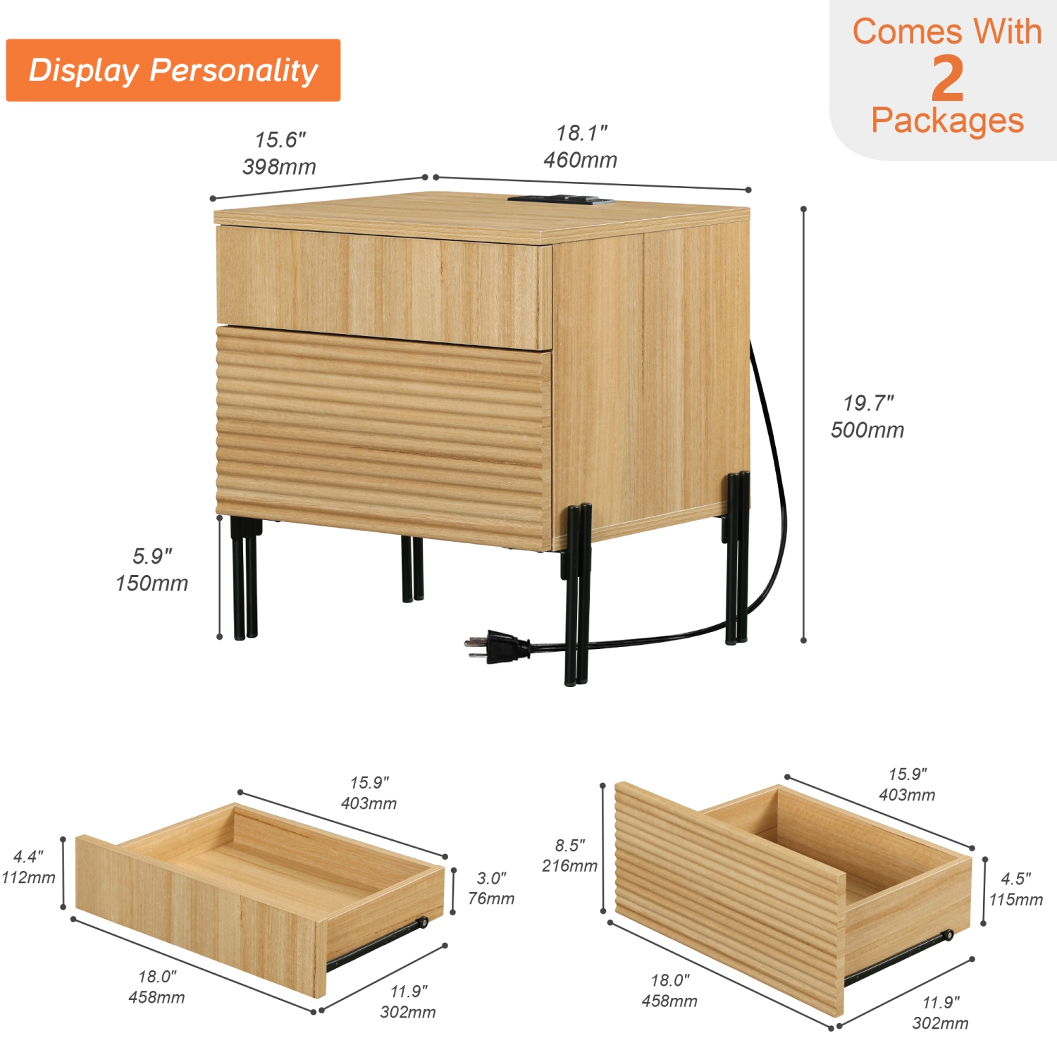 WAMPAT Fluted Nightstands Set of 2 with Charging Station, 18” Modern Bedside Table with 4 Drawers, Wooden End Table with USB Ports and Outlets for