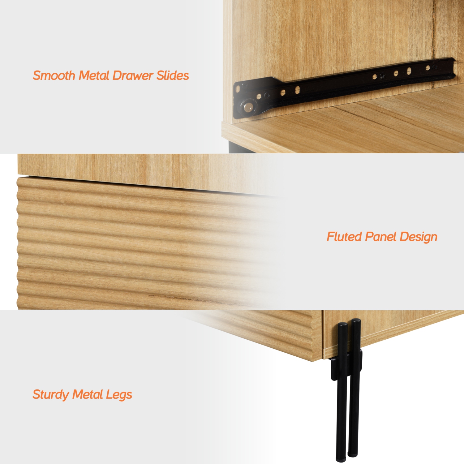 WAMPAT Fluted Nightstands Set of 2 with Charging Station, 18” Modern Bedside Table with 4 Drawers, Wooden End Table with USB Ports and Outlets for