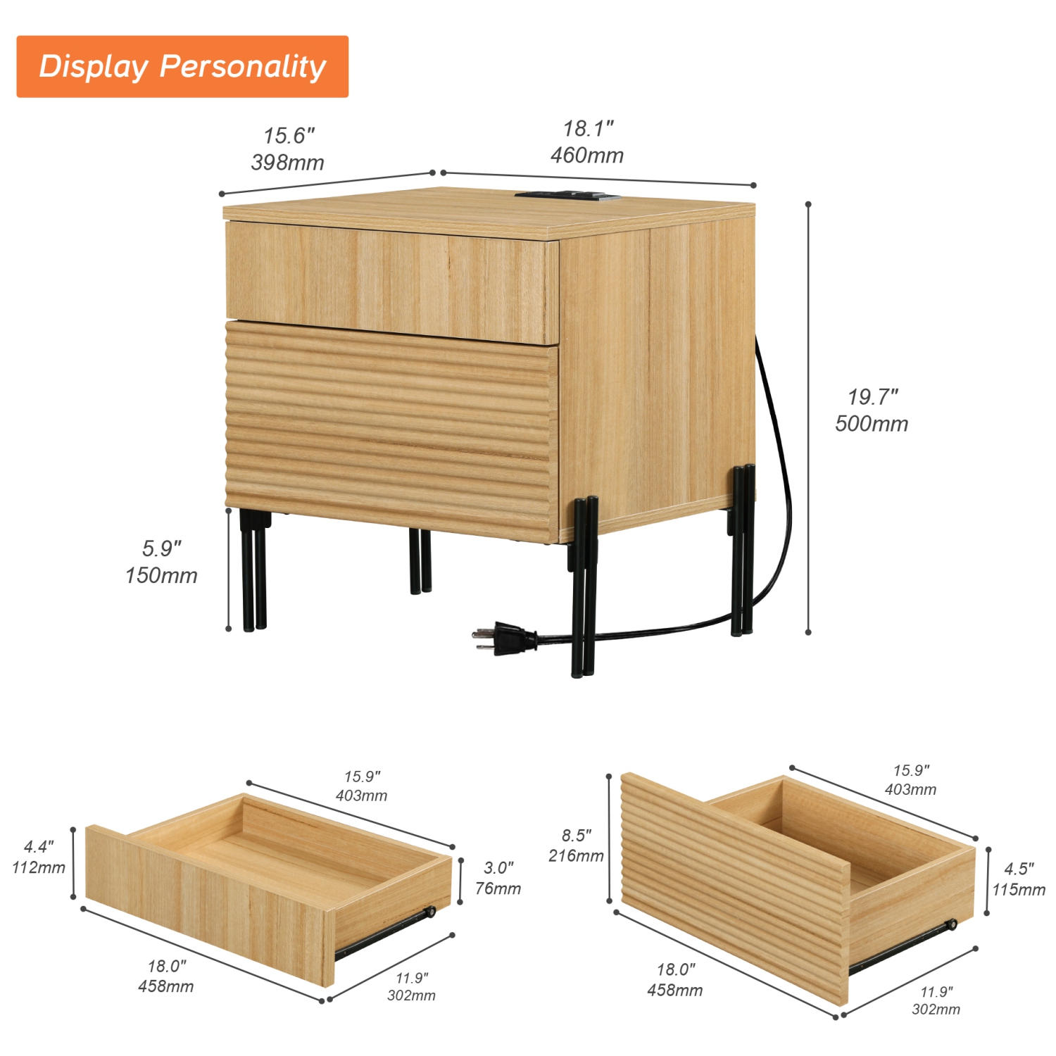 WAMPAT Fluted Nightstand with Charging Station, 18” Modern Bedside Table with 2 Drawers, Wooden End Table Night Stand with USB Ports and Outlets for
