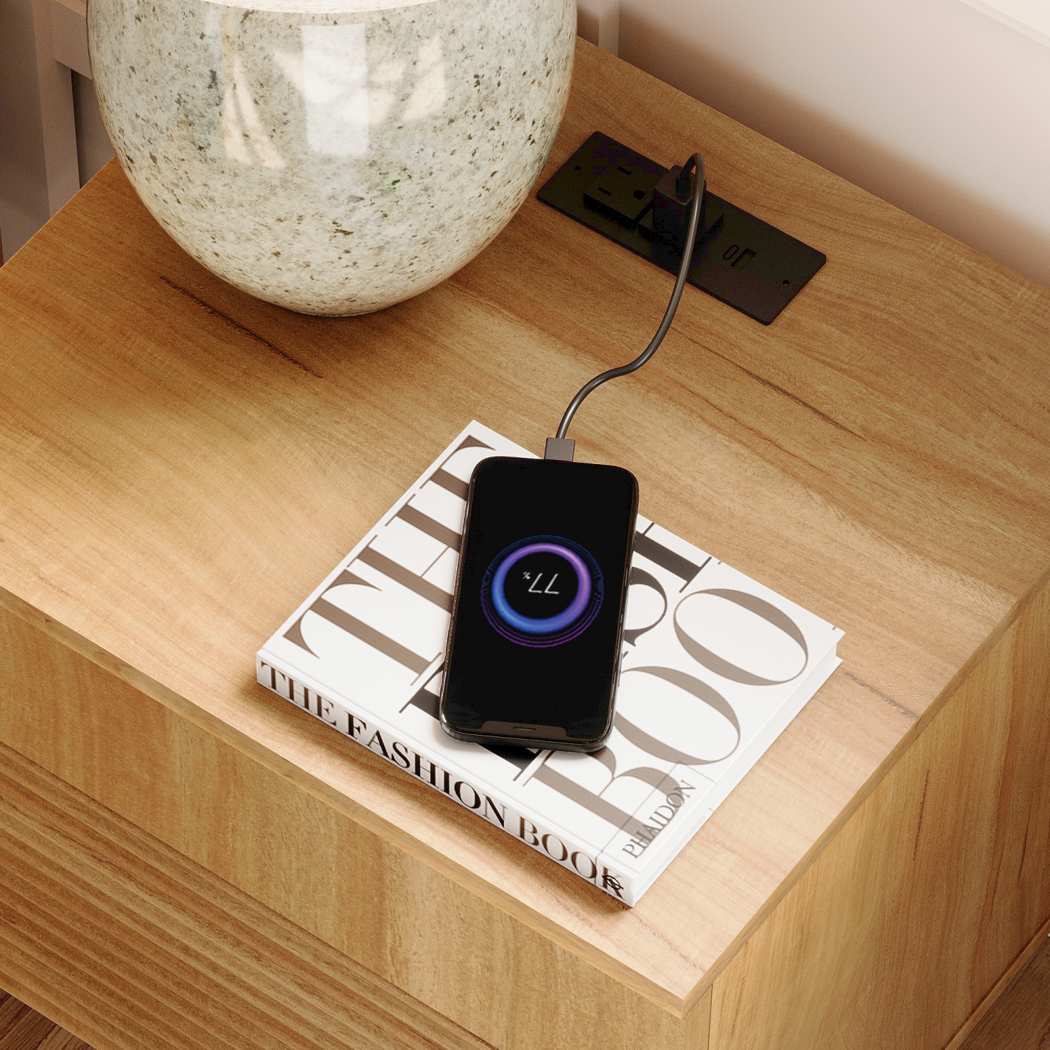 WAMPAT Fluted Nightstand with Charging Station, 18” Modern Bedside Table with 2 Drawers, Wooden End Table Night Stand with USB Ports and Outlets for