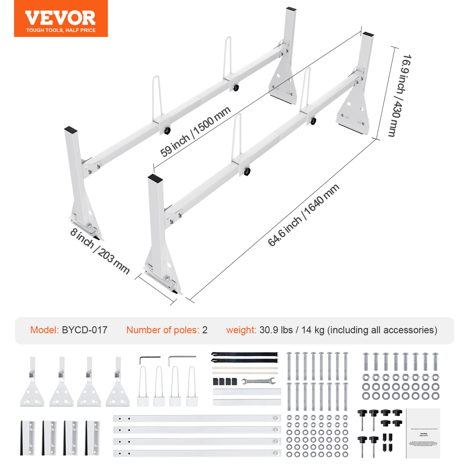 VEVOR 59" Adjustable Roof Rack, 2 Crossbars Van Roof Ladder Rack, 600 lbs Capacity Steel Van Ladder Rack, Fit for Chevrolet Express 1500 2500 3500/