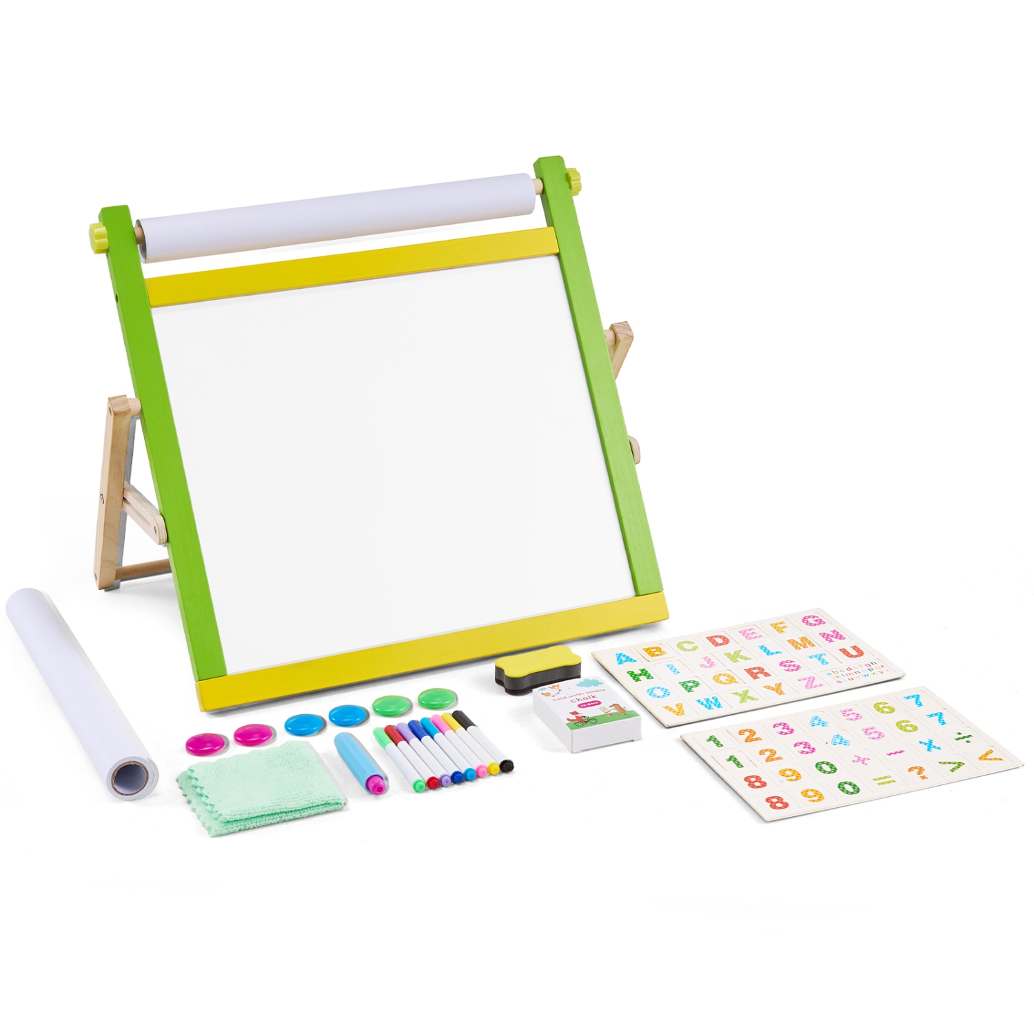 VEVOR 3-in-1 Tabletop Art Easel for Kids, Wooden Double-Sided Kid's Art Easel with Magnetic Whiteboard, Chalkboard, Paper Roll, Foldable Portable