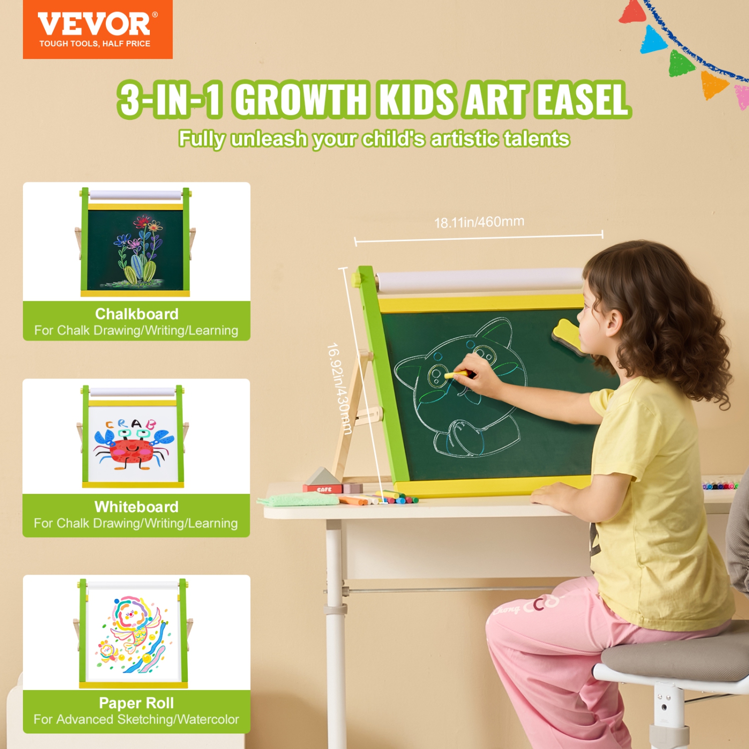 VEVOR 3-in-1 Tabletop Art Easel for Kids, Wooden Double-Sided Kid's Art Easel with Magnetic Whiteboard, Chalkboard, Paper Roll, Foldable Portable