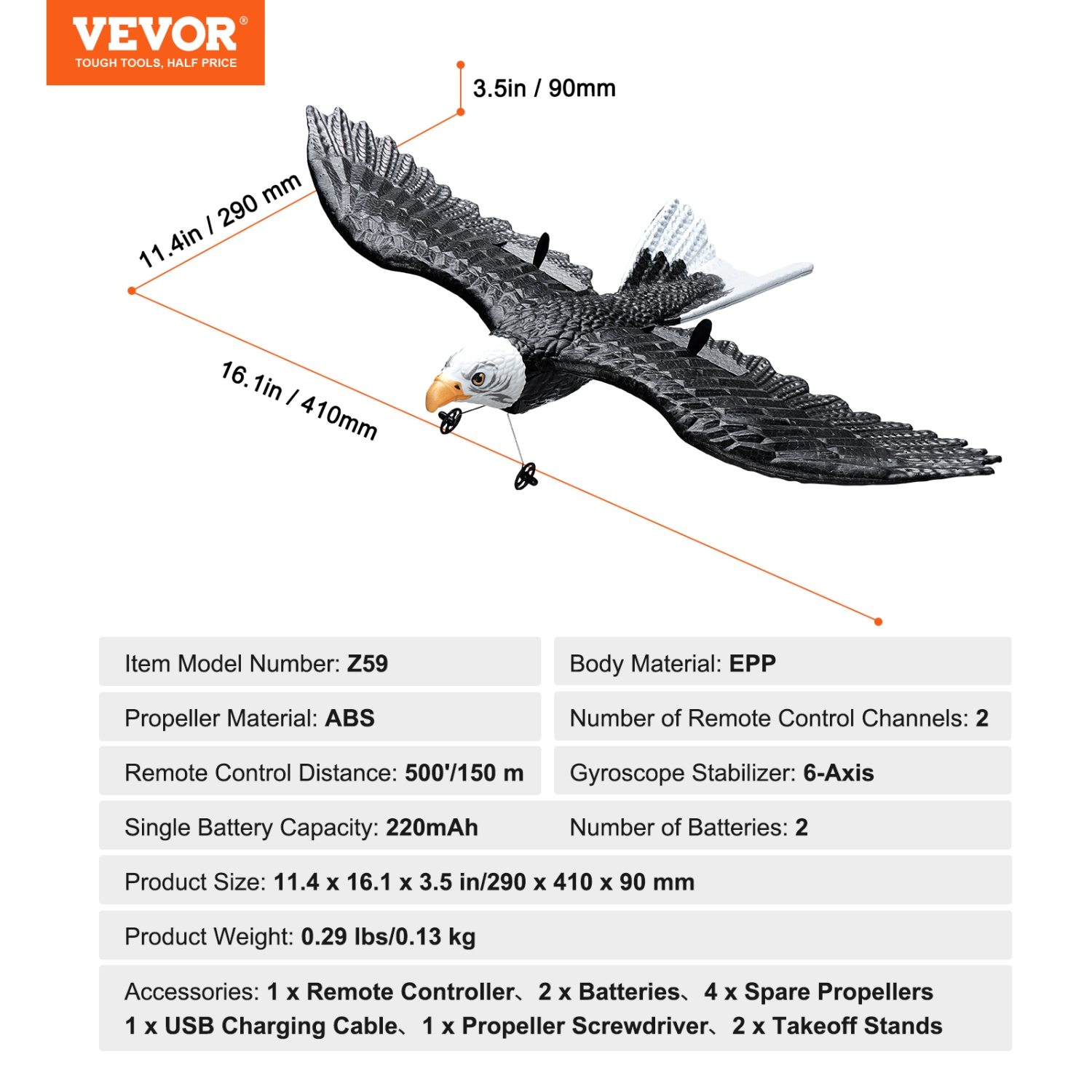 VEVOR 2.4GHZ RC Plane, 2 Channel Remote Control Airplane with 6-Axis Gyro Stabilizer, Ready to Fly Eagle Aircraft Plane Toy with 2 Batteries, Easy to