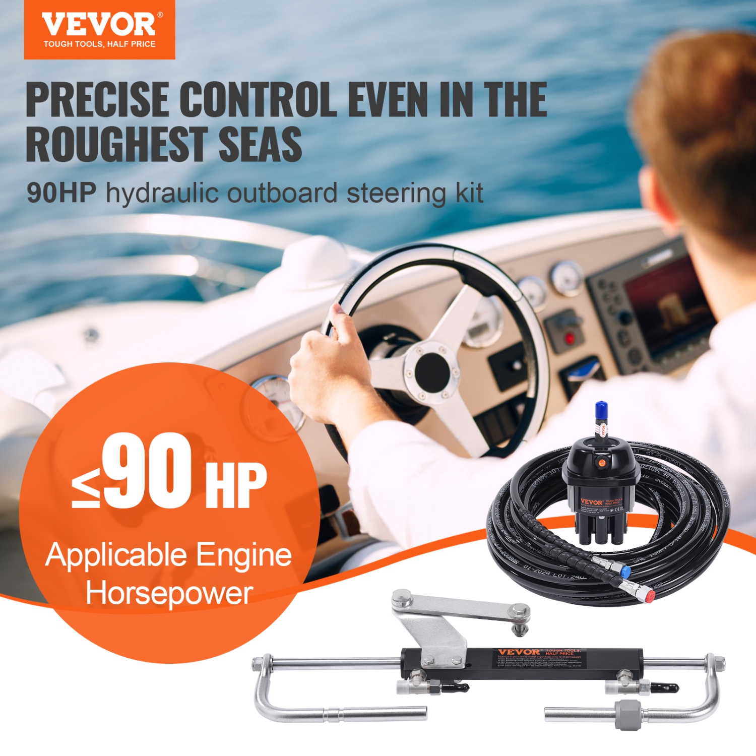 VEVOR 90HP Hydraulic Outboard Steering Kit, Marine Boat Hydraulic Steering System, with Helm Pump Two-Way Lock Cylinder and 24 Feet Hydraulic