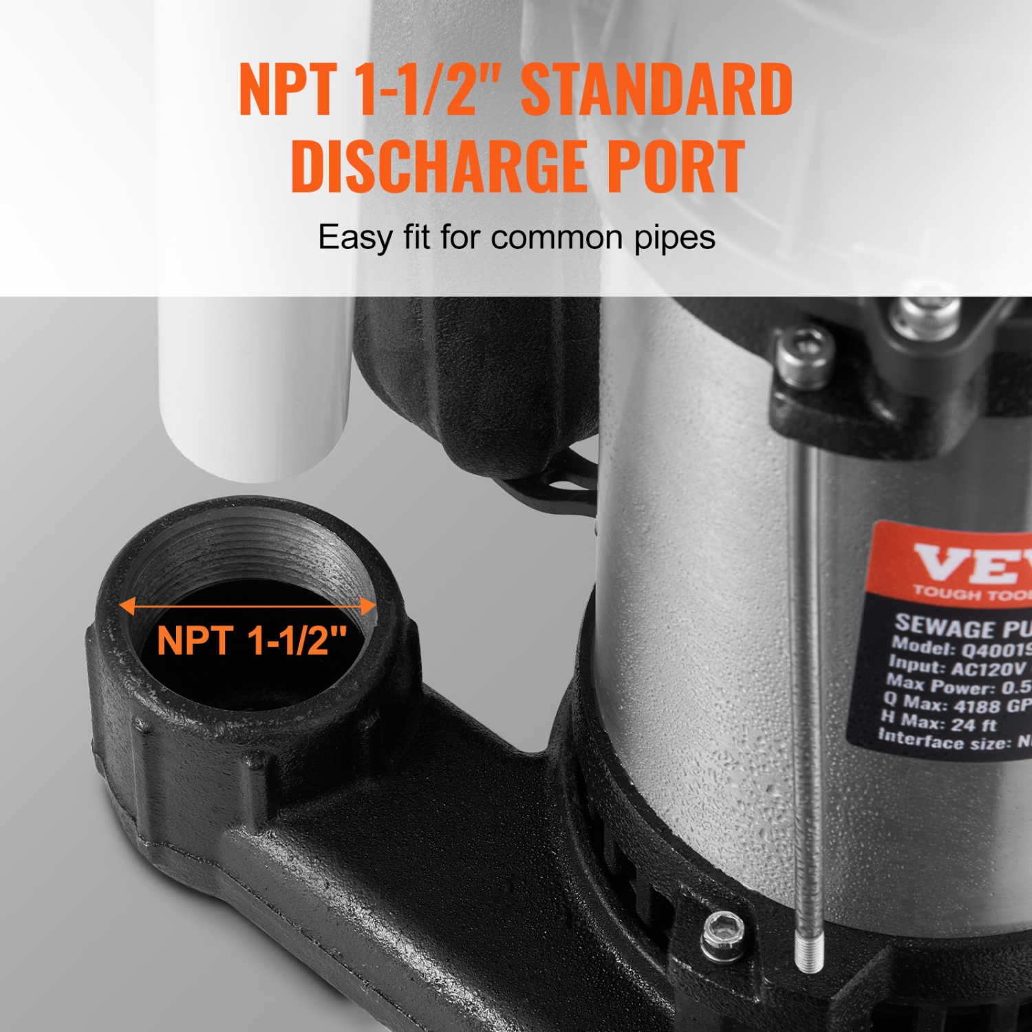 VEVOR 1HP 5770GPH Submersible Sewage Pump, Cast Iron Sewage Water Pump with 34 ft Lift 10 ft Power Cord and Automatic Float Switch, Stainless Steel