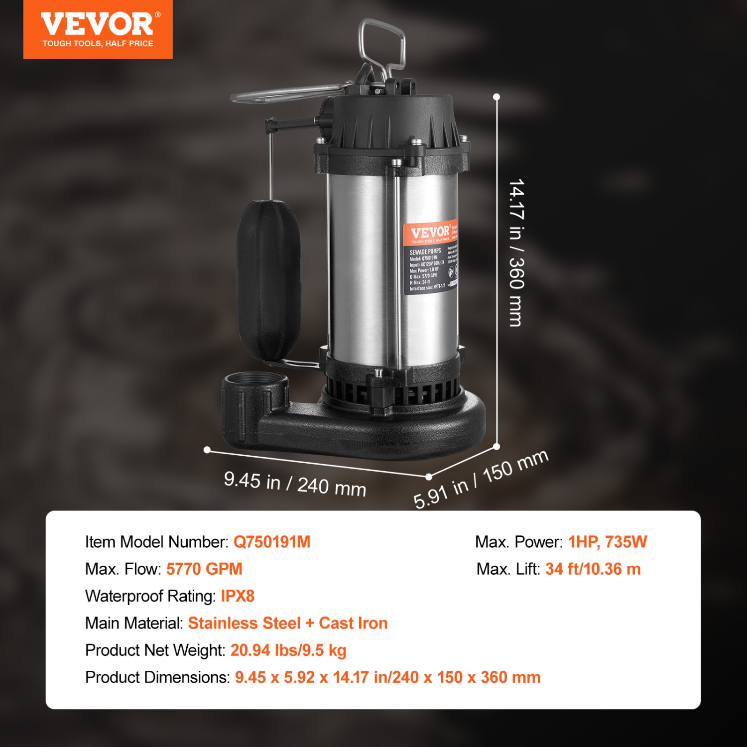 VEVOR 1HP 5770GPH Submersible Sewage Pump, Cast Iron Sewage Water Pump with 34 ft Lift 10 ft Power Cord and Automatic Float Switch, Stainless Steel