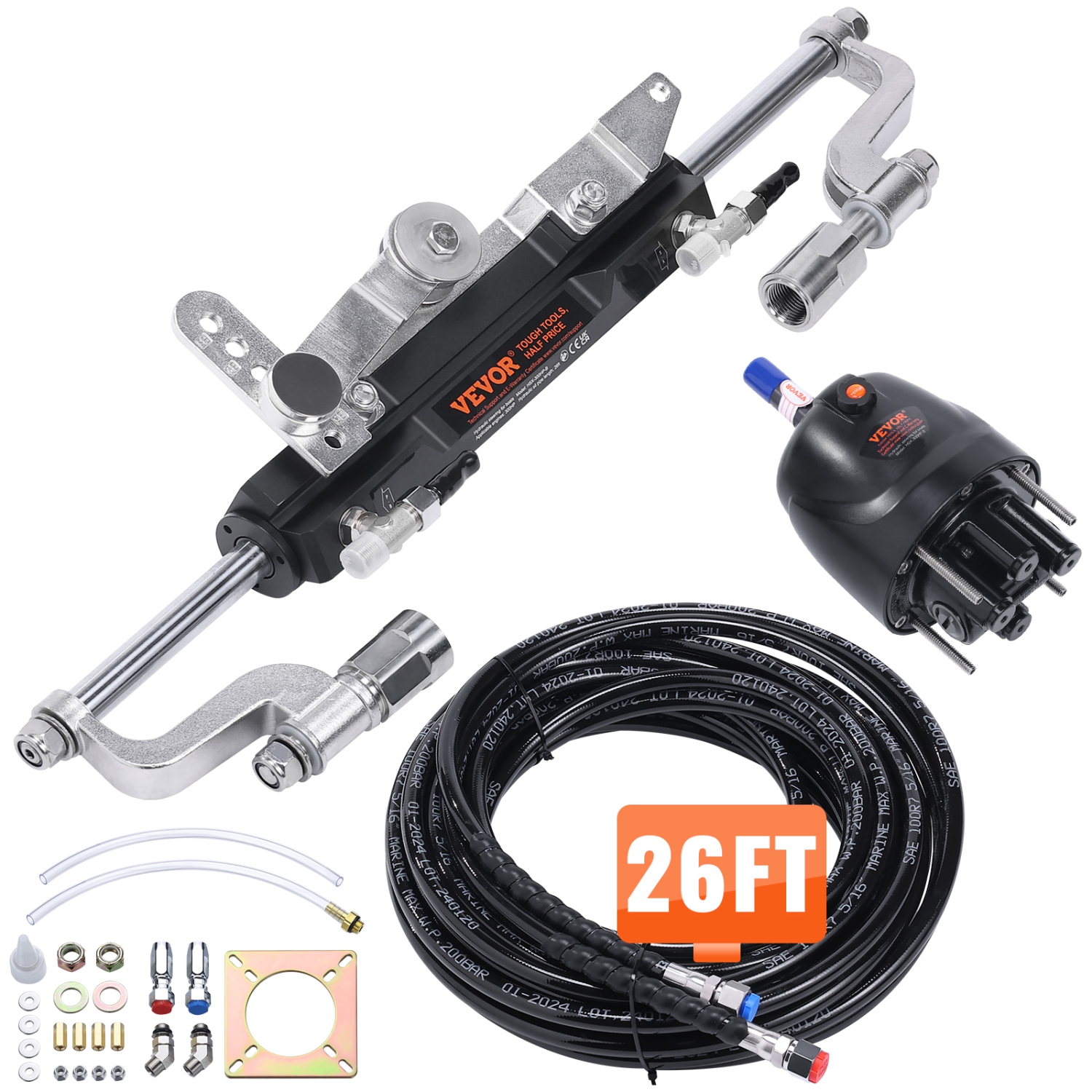 VEVOR 300HP Hydraulic Outboard Steering Kit, Marine Boat Hydraulic Steering System, with Helm Pump Two-Way Lock Cylinder and 26 Feet Hydraulic
