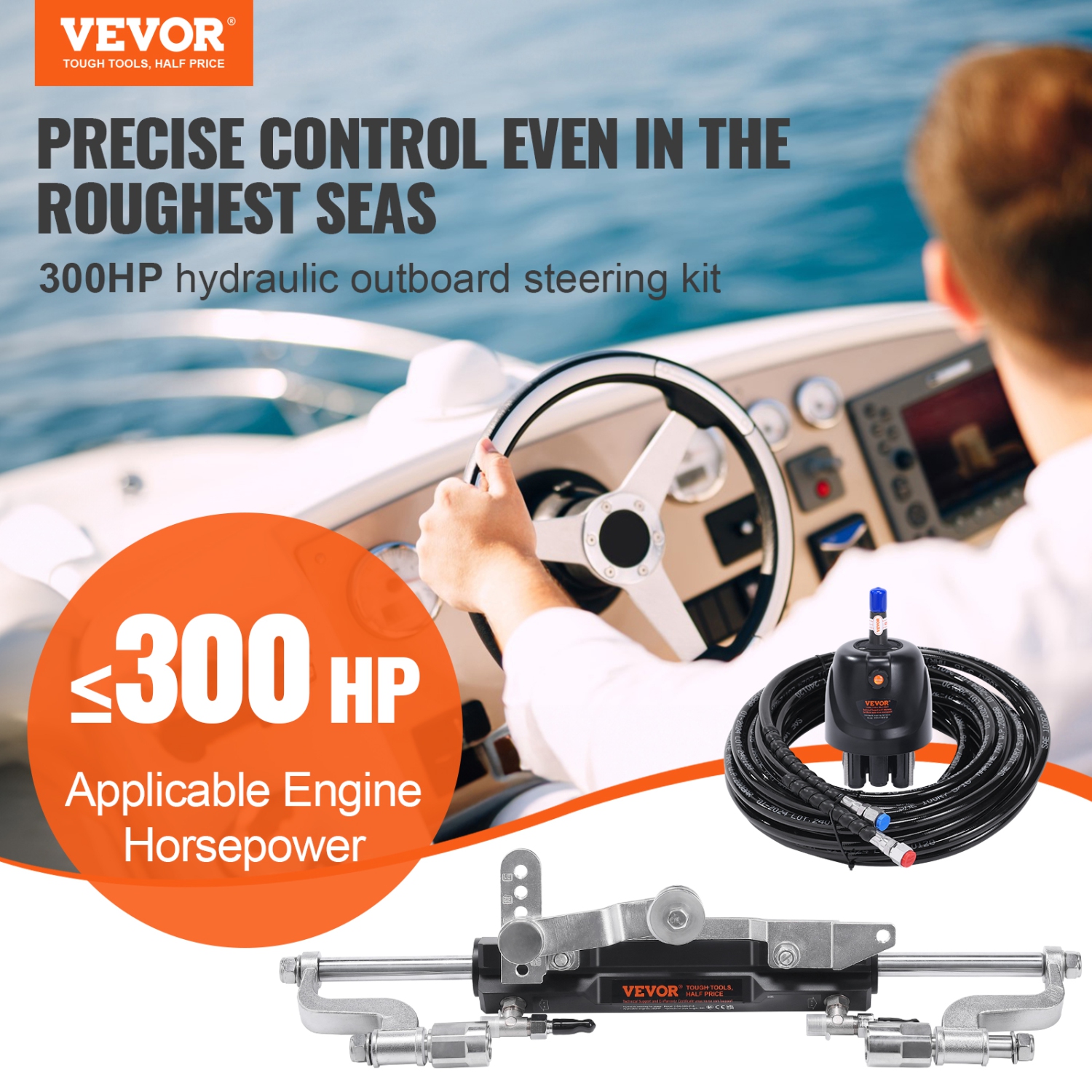 VEVOR 300HP Hydraulic Outboard Steering Kit, Marine Boat Hydraulic Steering System, with Helm Pump Two-Way Lock Cylinder and 26 Feet Hydraulic
