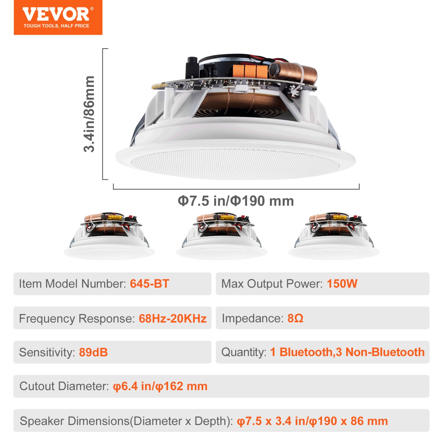 VEVOR 4 PCs 6.5'' Bluetooth in Ceiling Speakers, 150W, Flush Mount Ceiling & in-Wall Speaker System with 8ΩImpedance 89dB Sensitivity, for Home