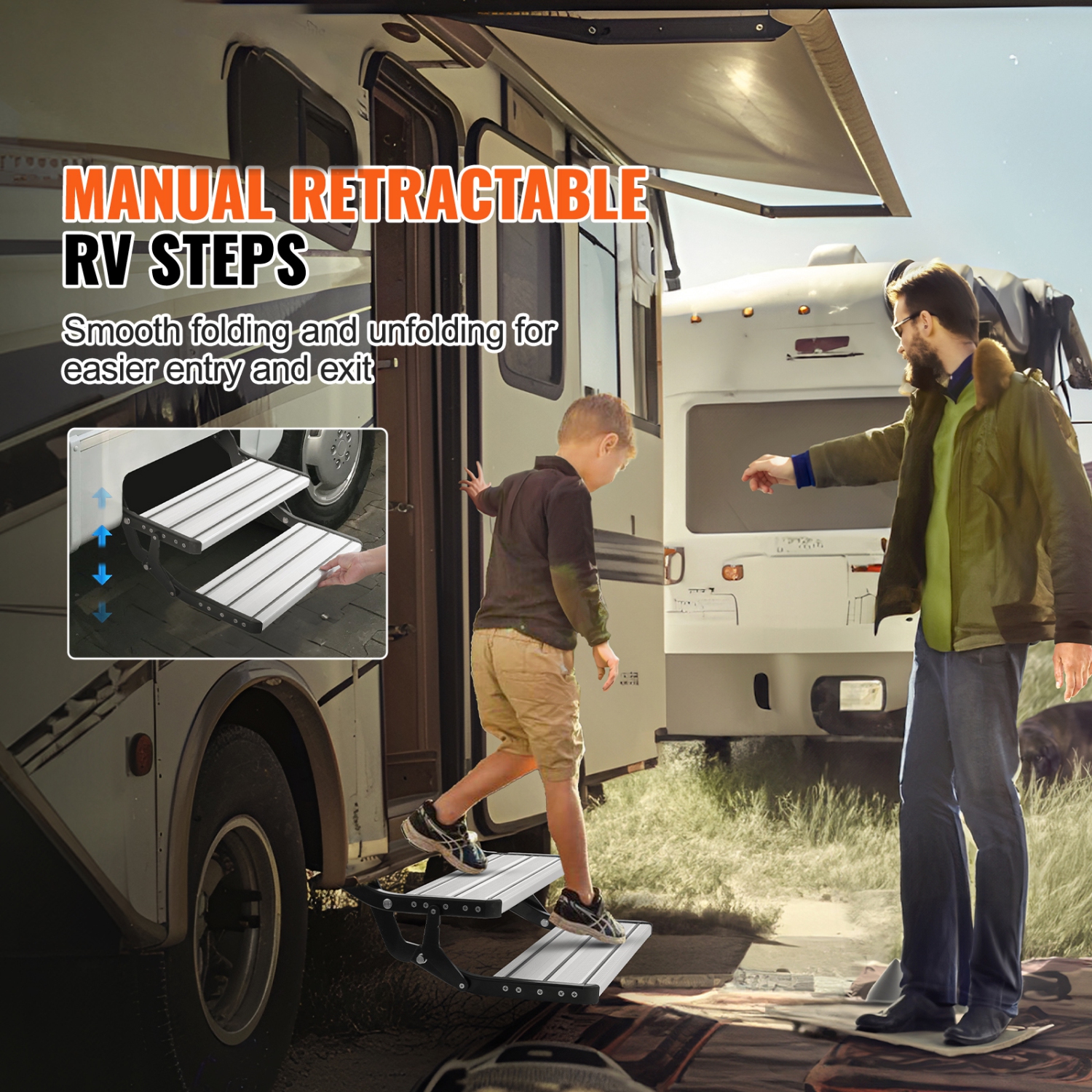 VEVOR 2-Step RV Steps, Manual Retractable RV Stairs, 440 LBS Load Capacity, Aluminum Alloy Steps, Thickened Steel Plate, Non-Slip Steps for Entry and