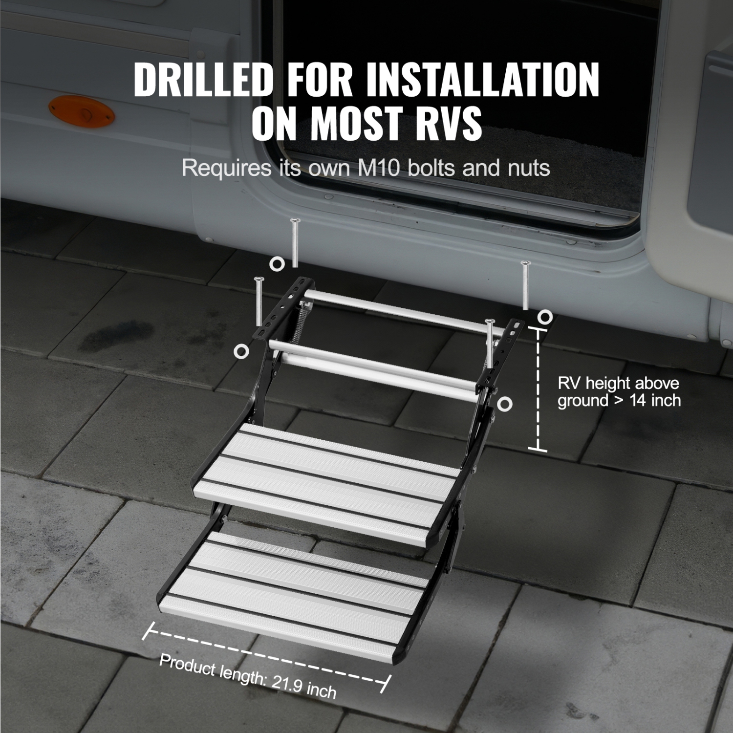 VEVOR 2-Step RV Steps, Manual Retractable RV Stairs, 440 LBS Load Capacity, Aluminum Alloy Steps, Thickened Steel Plate, Non-Slip Steps for Entry and