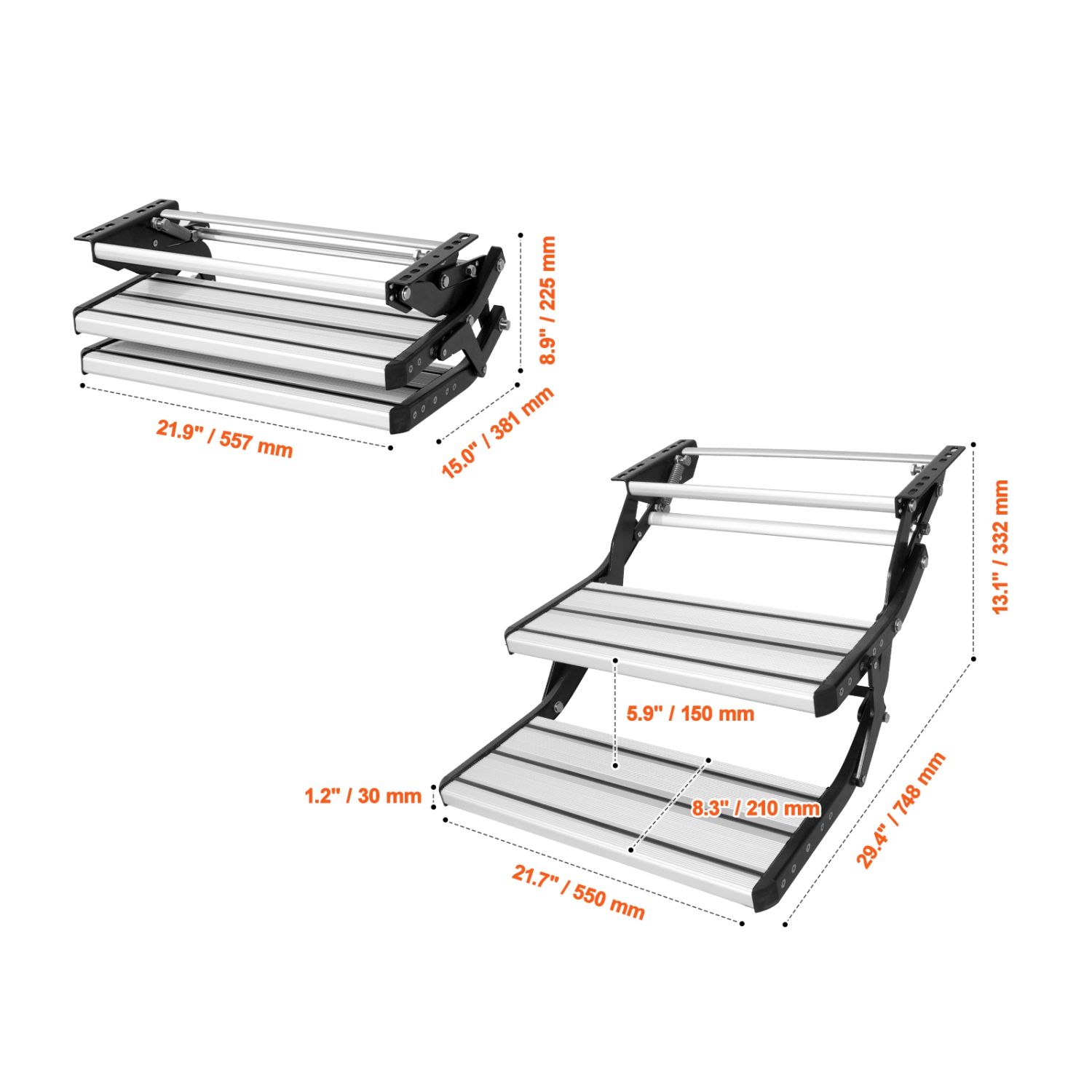 VEVOR 2-Step RV Steps, Manual Retractable RV Stairs, 440 LBS Load Capacity, Aluminum Alloy Steps, Thickened Steel Plate, Non-Slip Steps for Entry and