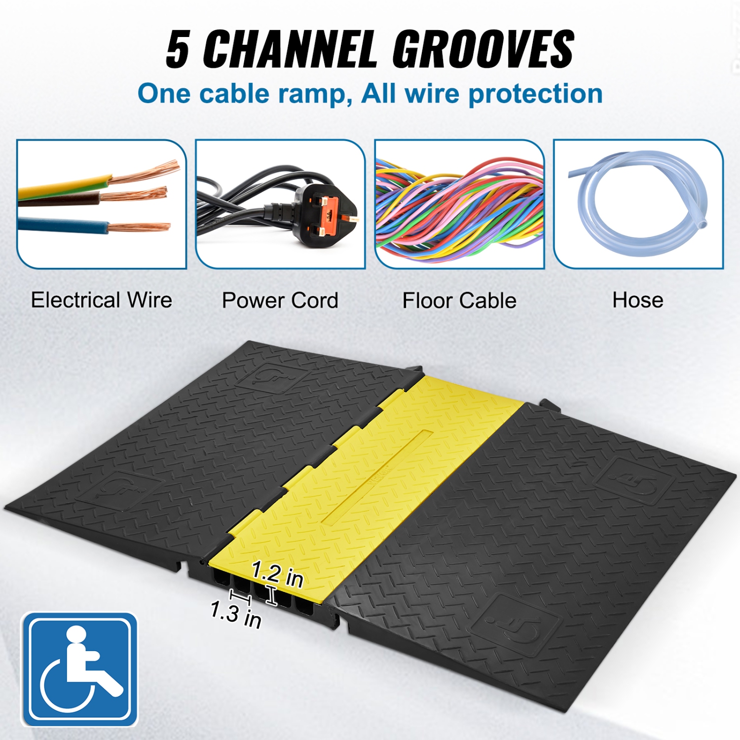 VEVOR 5-Channel Rubber Cable Guard, 22000 lbs per Axle Load Capacity, Durable Cord Protection Ramp with Hinged Lid for Driveway, Speed Control, and