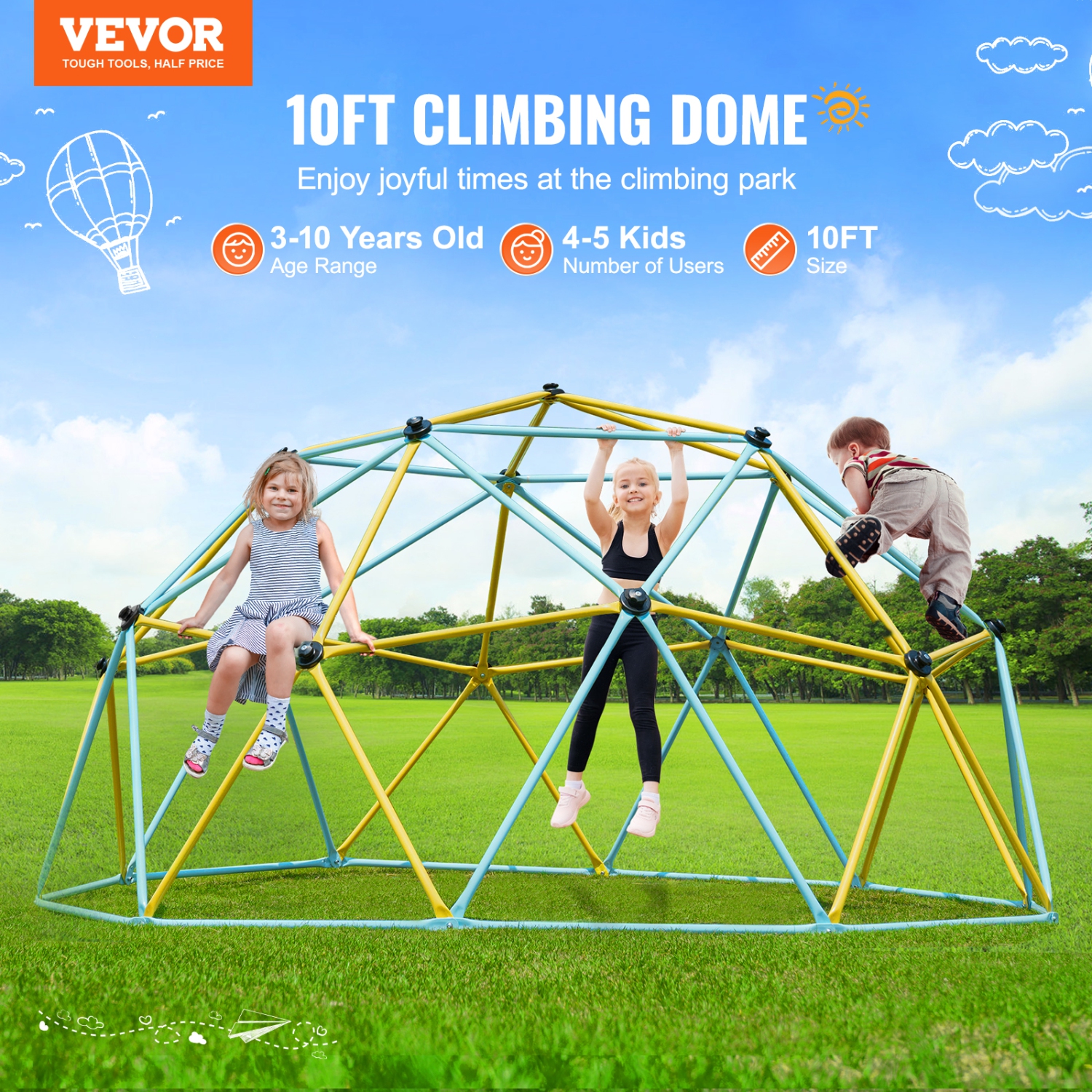 VEVOR 10FT Climbing Dome, Geometric Dome Climber Play Center for Kids 3 to 10 Years Old, Jungle Gym Supports 750LBS and Easy Assembly, with Climbing