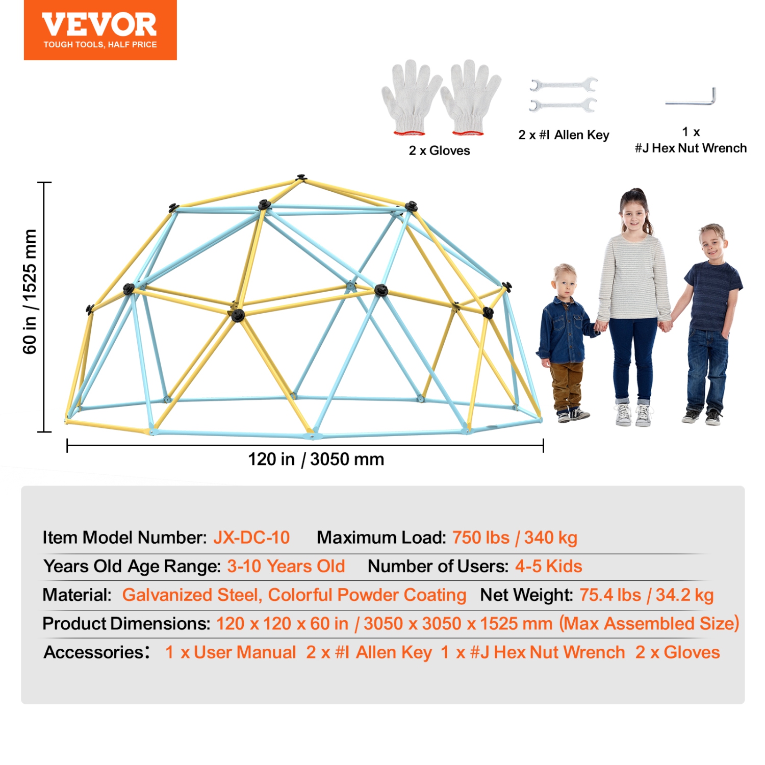 VEVOR 10FT Climbing Dome, Geometric Dome Climber Play Center for Kids 3 to 10 Years Old, Jungle Gym Supports 750LBS and Easy Assembly, with Climbing