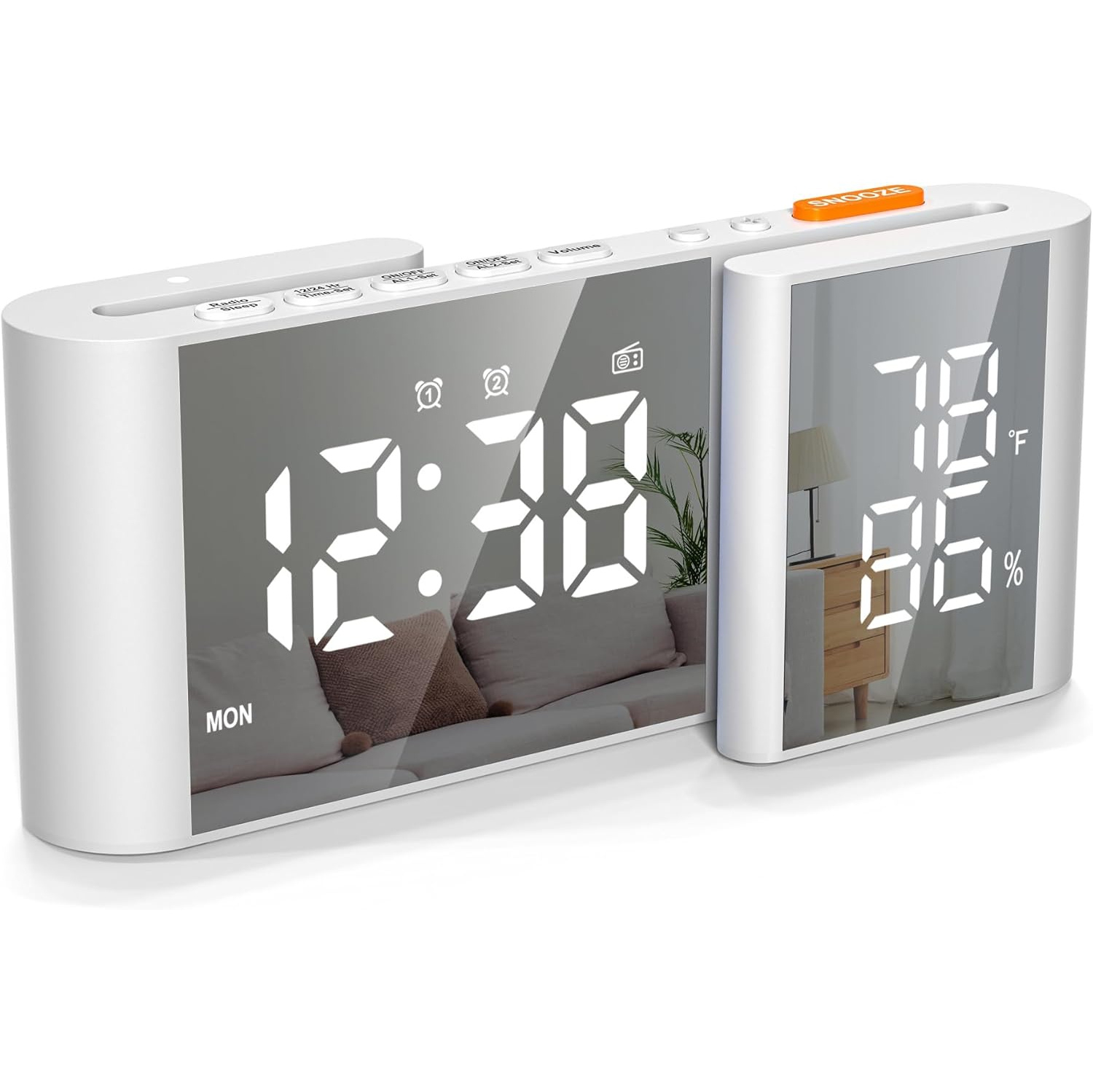 S-shaped dual screen LED display - FM radio, dual alarm clock, auto dimming display and USB charging, ideal for bedroom/office