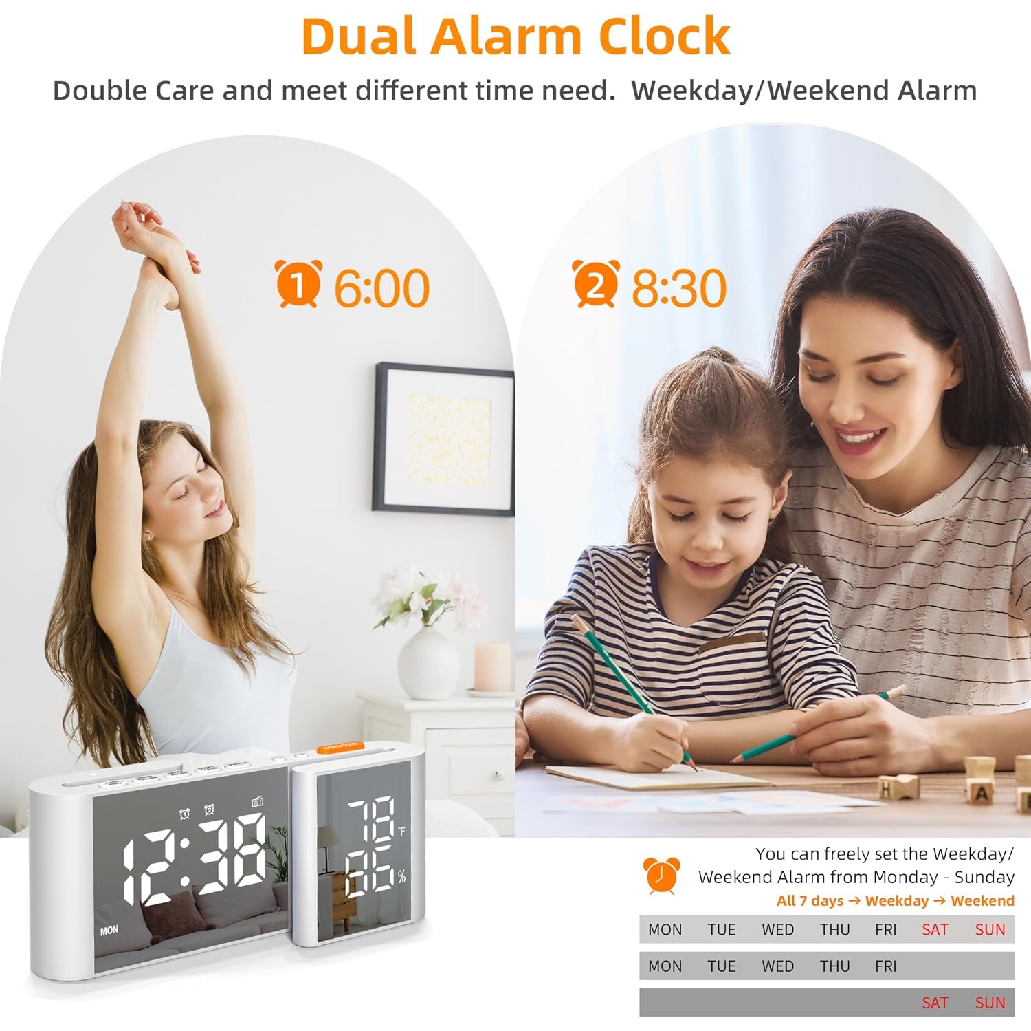 S-shaped dual screen LED display - FM radio, dual alarm clock, auto dimming display and USB charging, ideal for bedroom/office