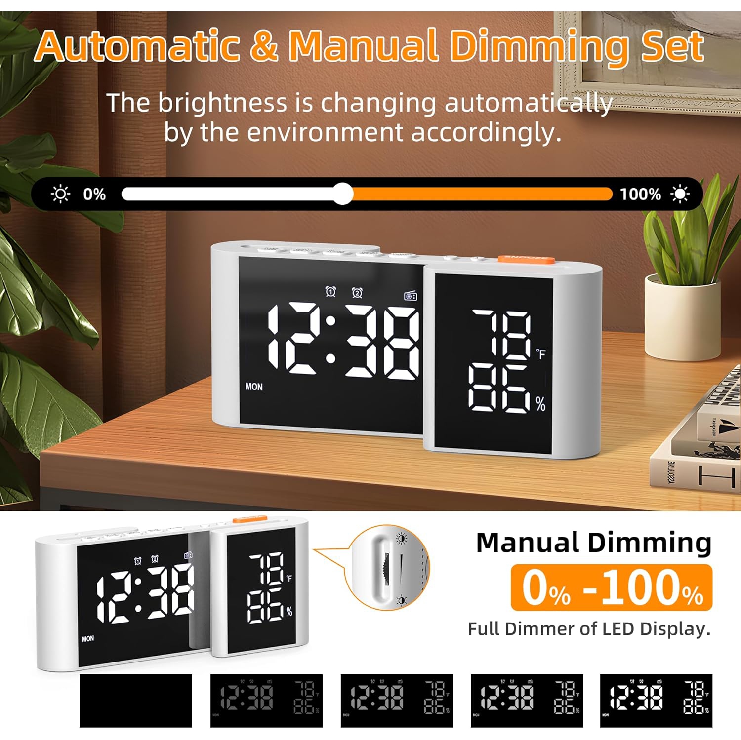 S-shaped dual screen LED display - FM radio, dual alarm clock, auto dimming display and USB charging, ideal for bedroom/office