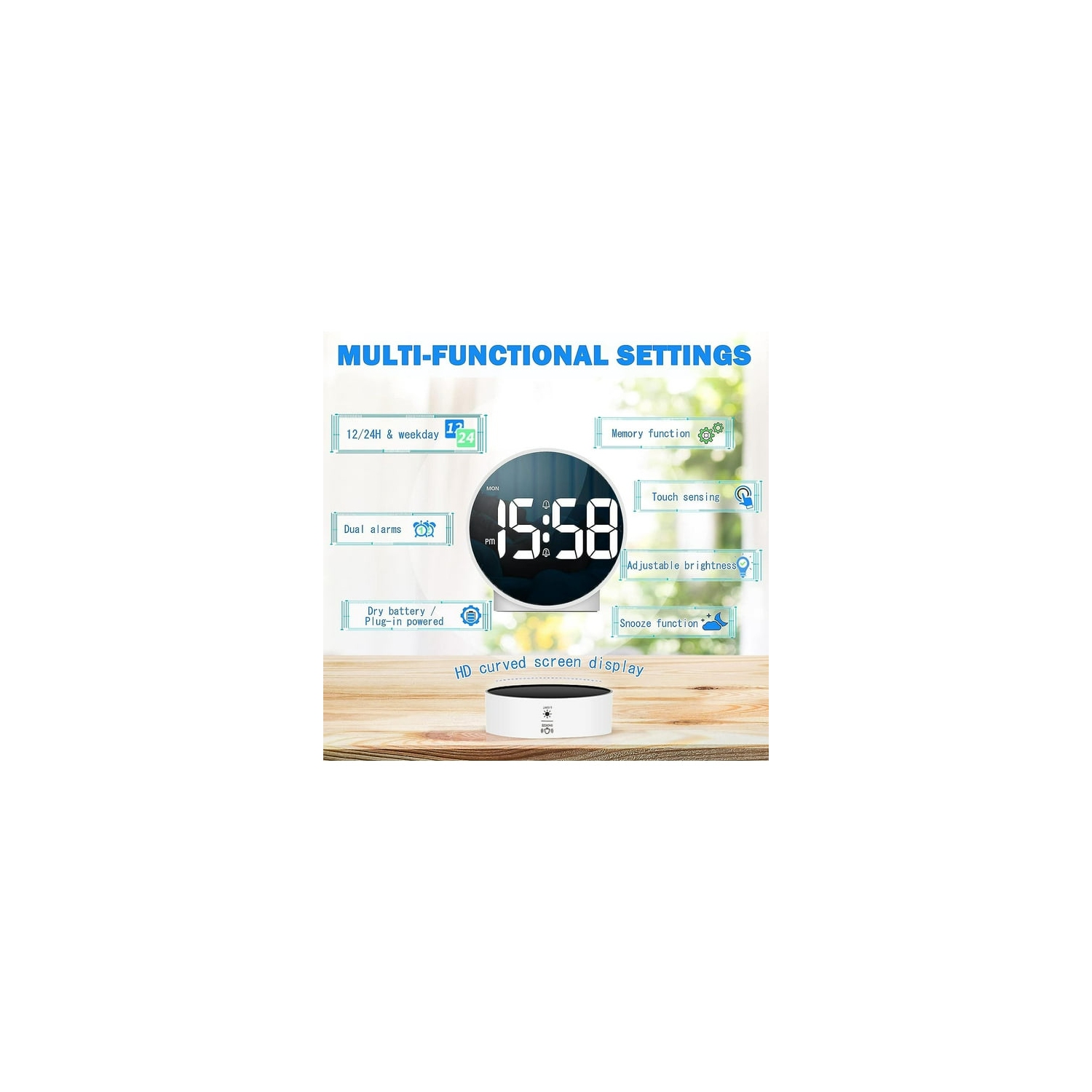 Réveille-matin numérique minimaliste LED - Luminosité réglable, 5 modes d'alarme, fonction, double alimentation, format 12/24 heures, Parfait pour le