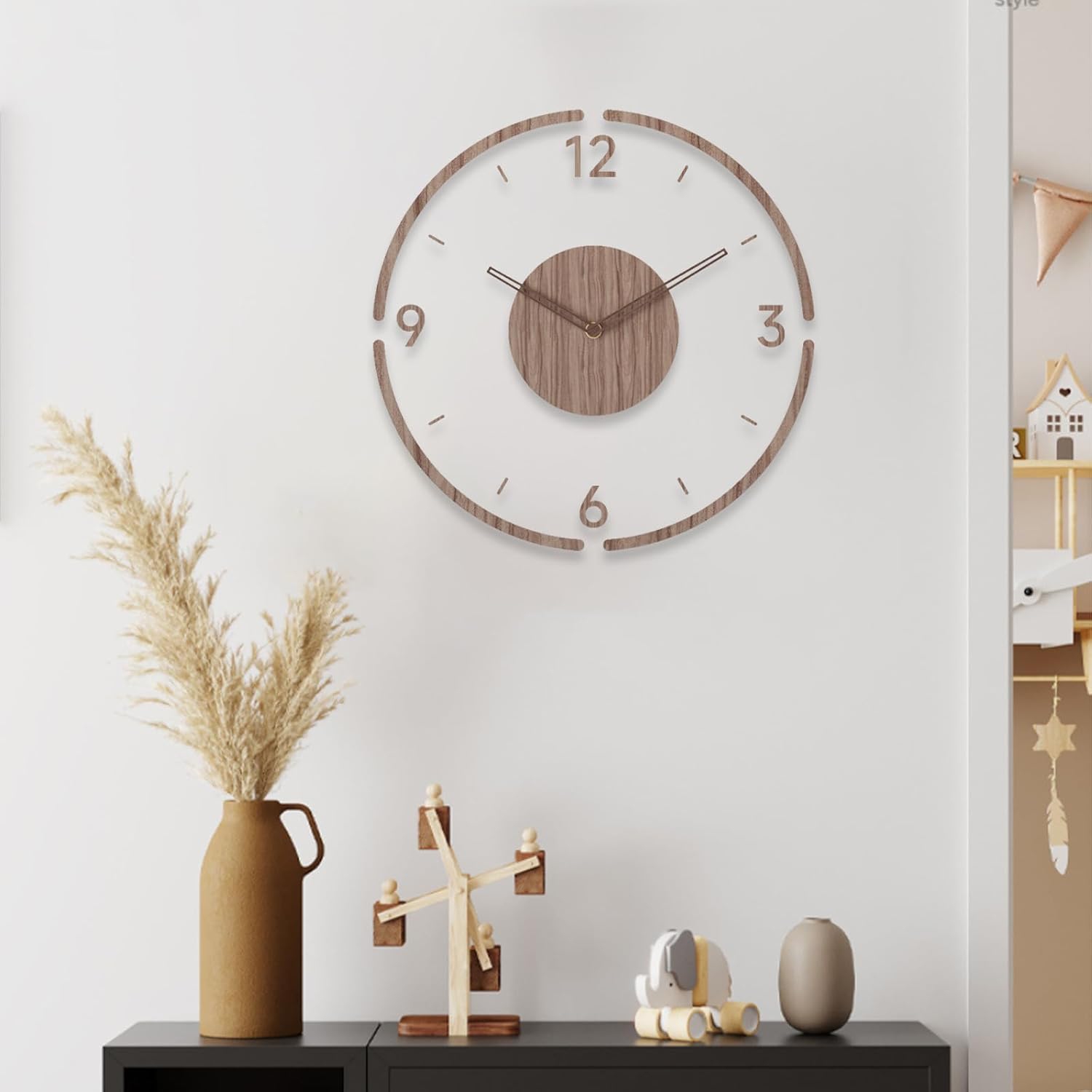horloge murale simple et moderne de 35 cm, design en bois et acrylique givré, horloge murale silencieuse et sans crochet alimentée par piles,