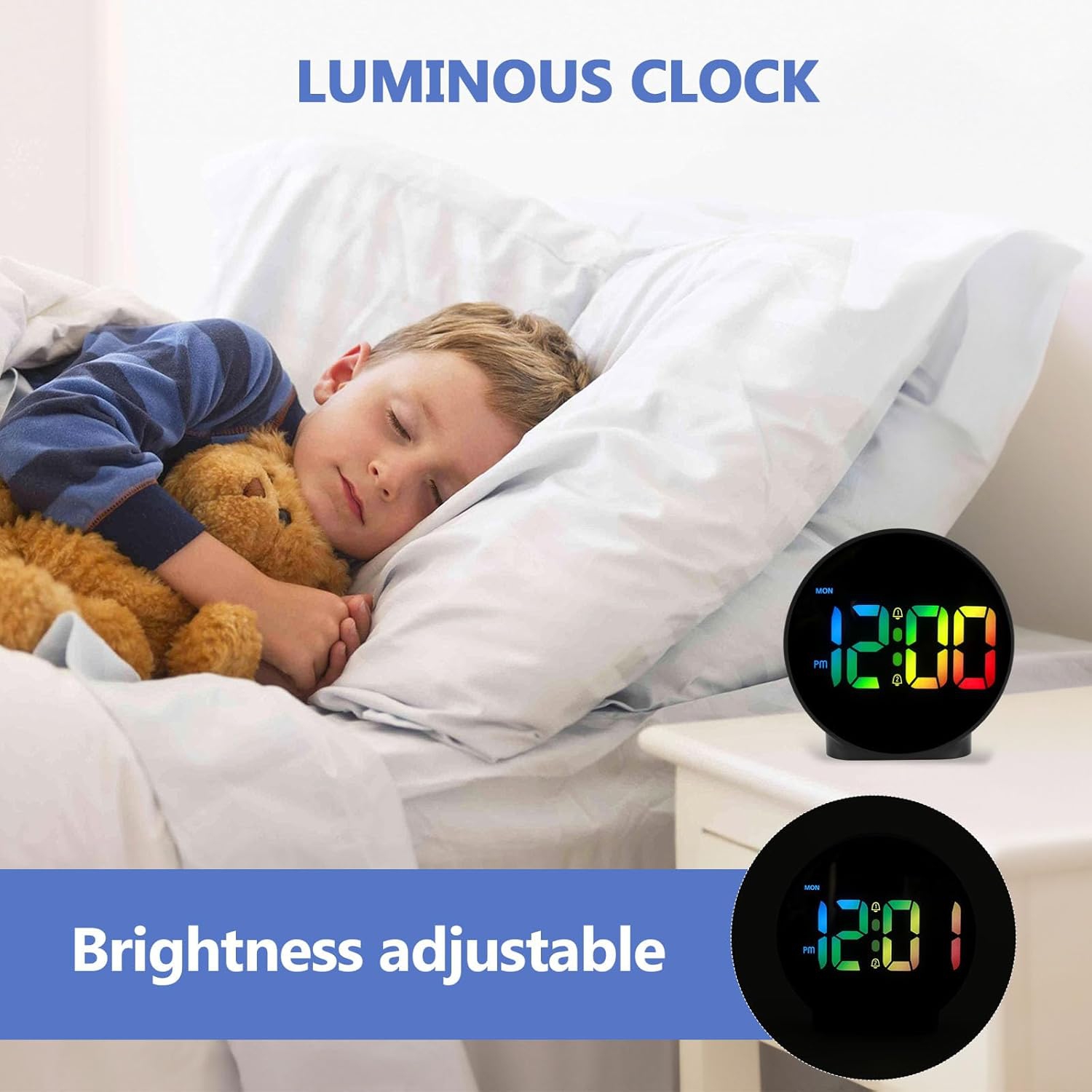 Horloge numérique couleur à affichage LED, écran réglable à 4 niveaux de luminosité, réveil double avec fonction de rappel d'alarme, idéal pour la