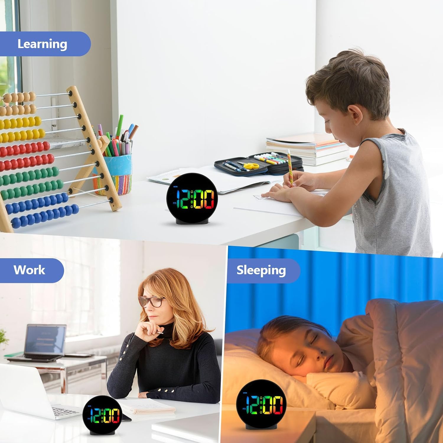 Horloge numérique couleur à affichage LED, écran réglable à 4 niveaux de luminosité, réveil double avec fonction de rappel d'alarme, idéal pour la