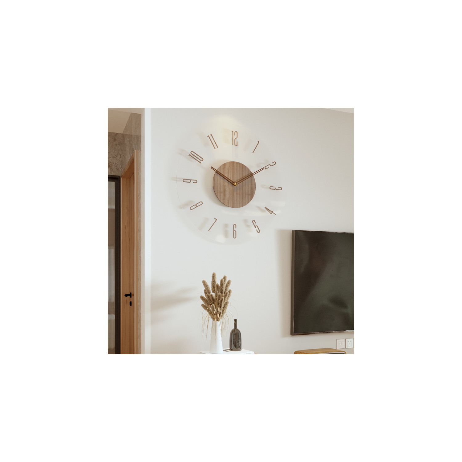 35cm simple modern wall clock, frosted acrylic and wooden design, silent and tickless battery-powered wall clock, round simple decorative living room