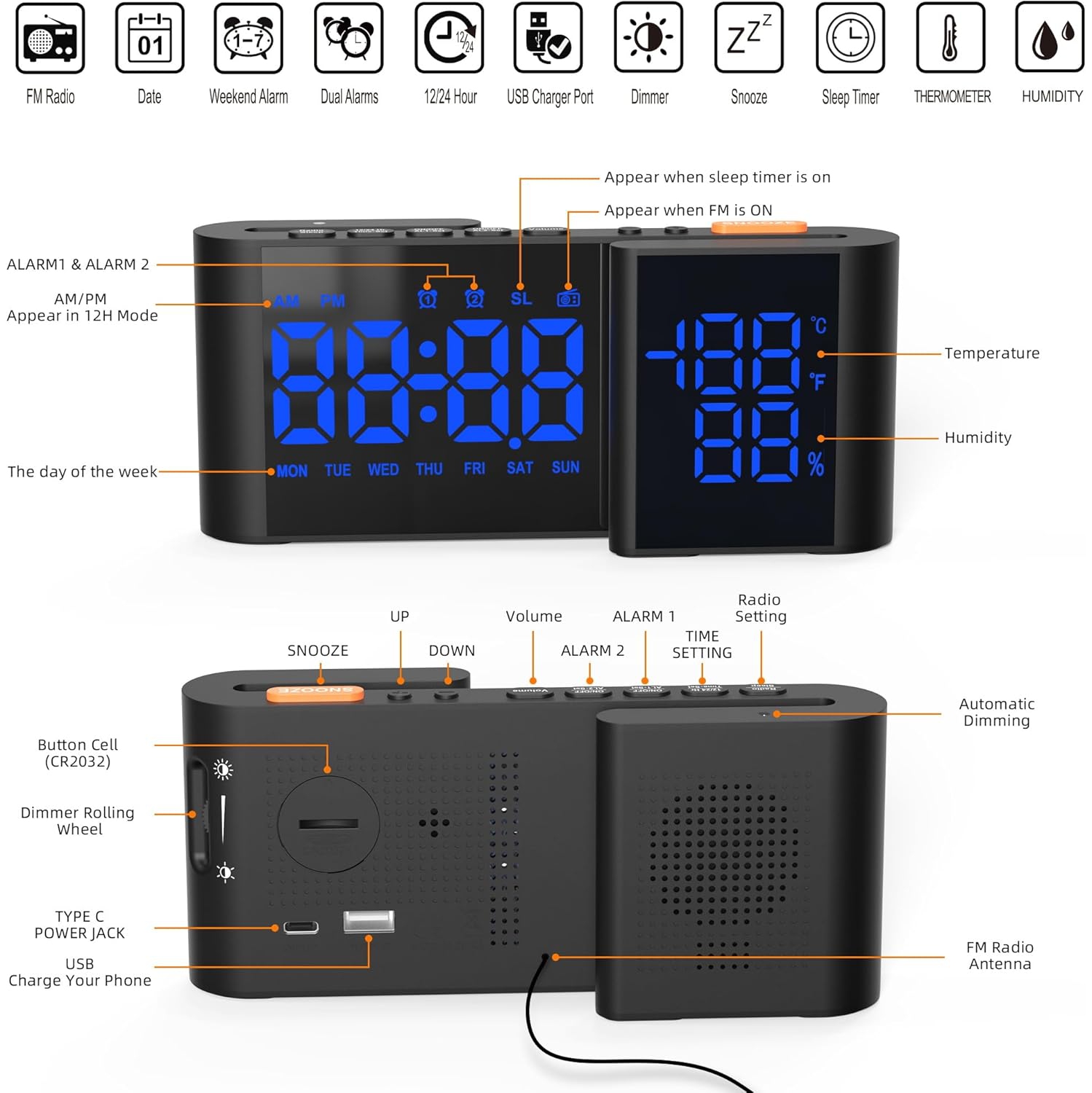 Smart S-shaped dual screen LED display mirror display alarm clock - temperature and humidity display, 15-level volume adjustment, sleep timer and USB