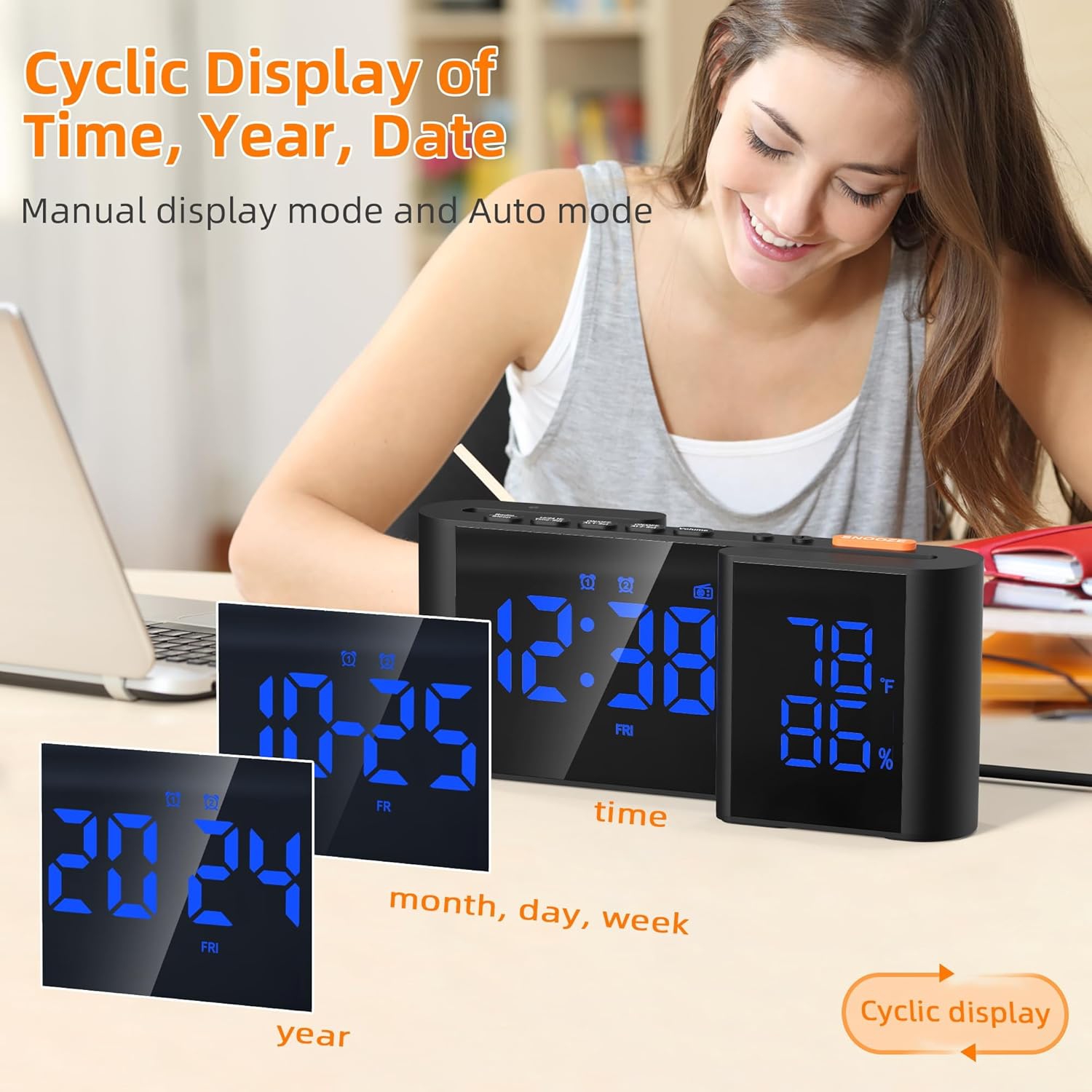 Smart S-shaped dual screen LED display mirror display alarm clock - temperature and humidity display, 15-level volume adjustment, sleep timer and USB