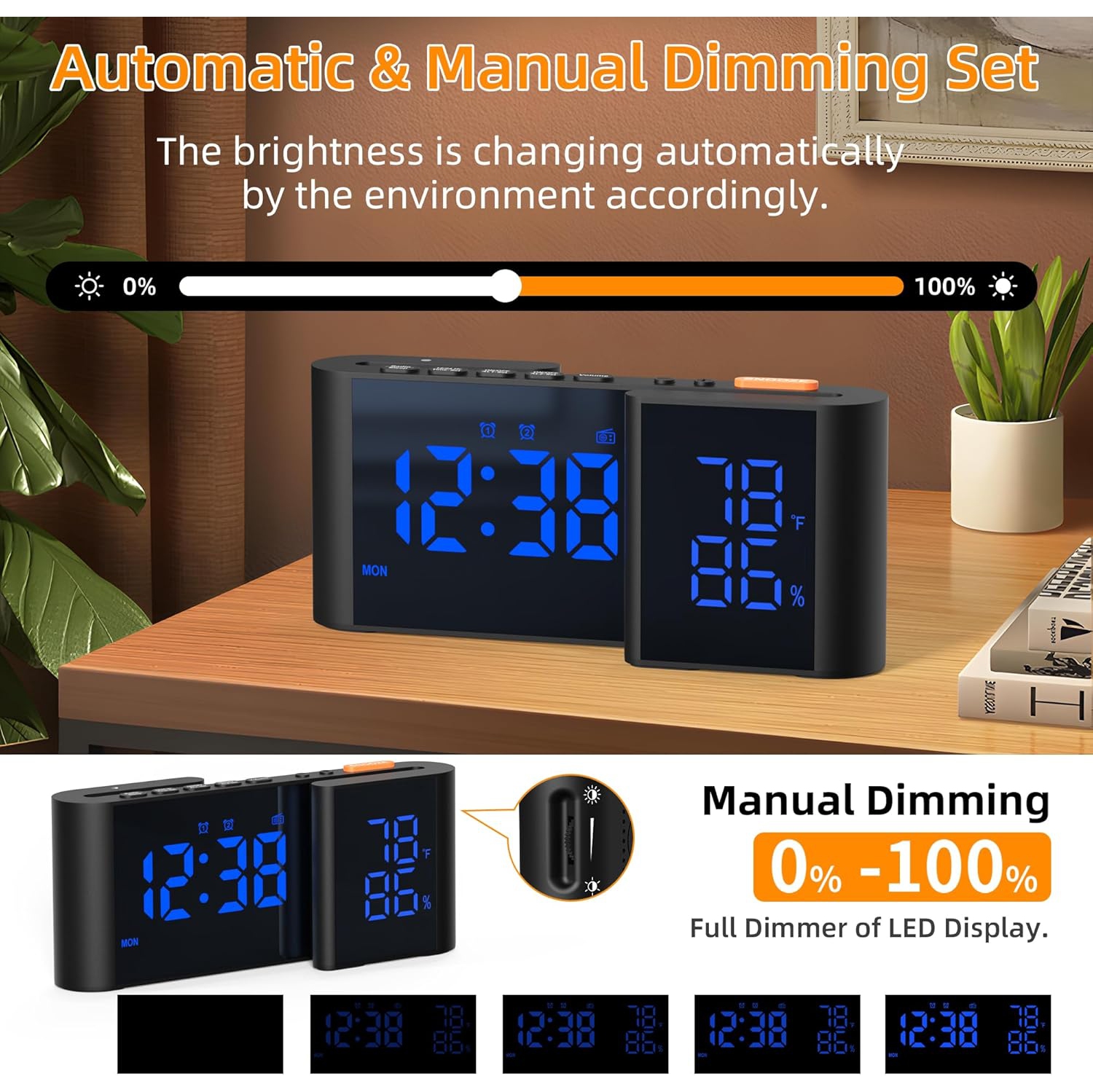 Smart S-shaped dual screen LED display mirror display alarm clock - temperature and humidity display, 15-level volume adjustment, sleep timer and USB
