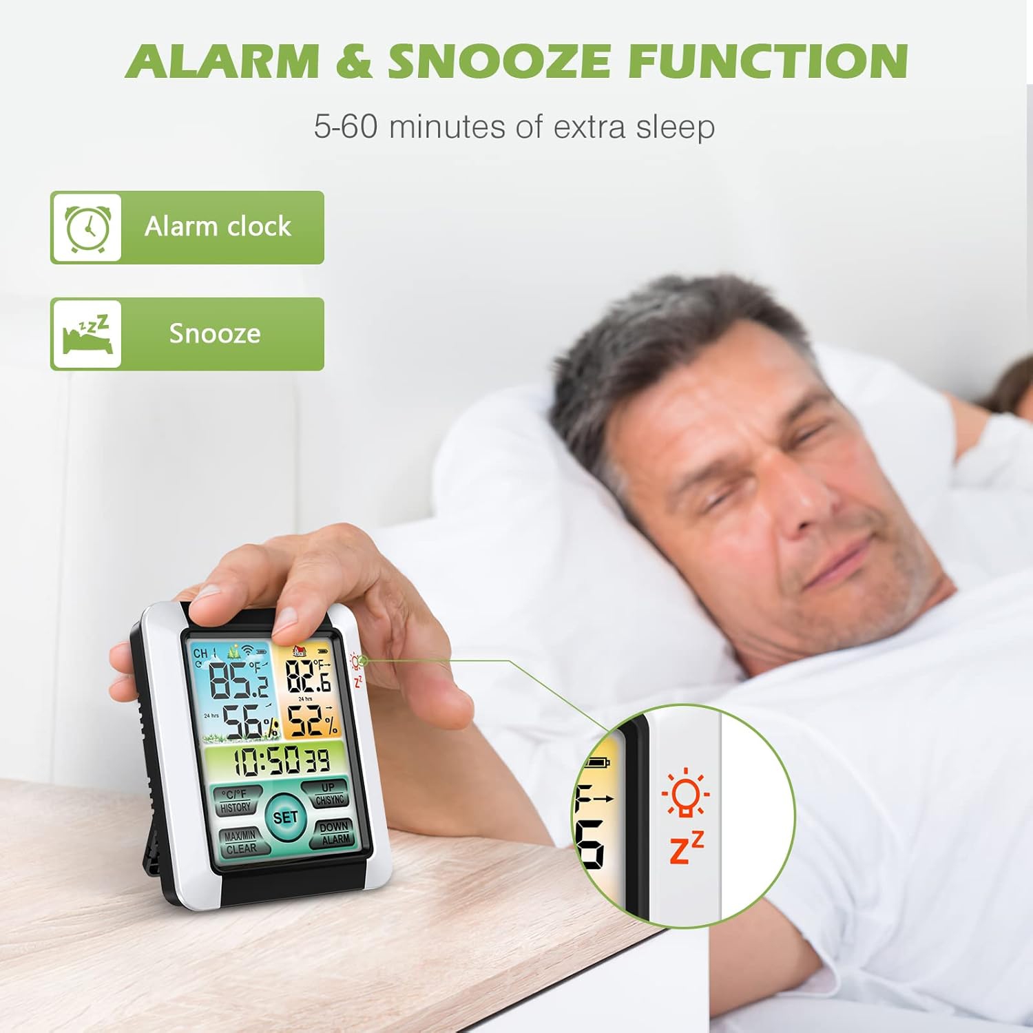 Thermomètre et hygromètre sans fil intérieur et extérieur, horloge météo grand écran couleur, capteur étanche IPX4, alarme et mémoire max/min,