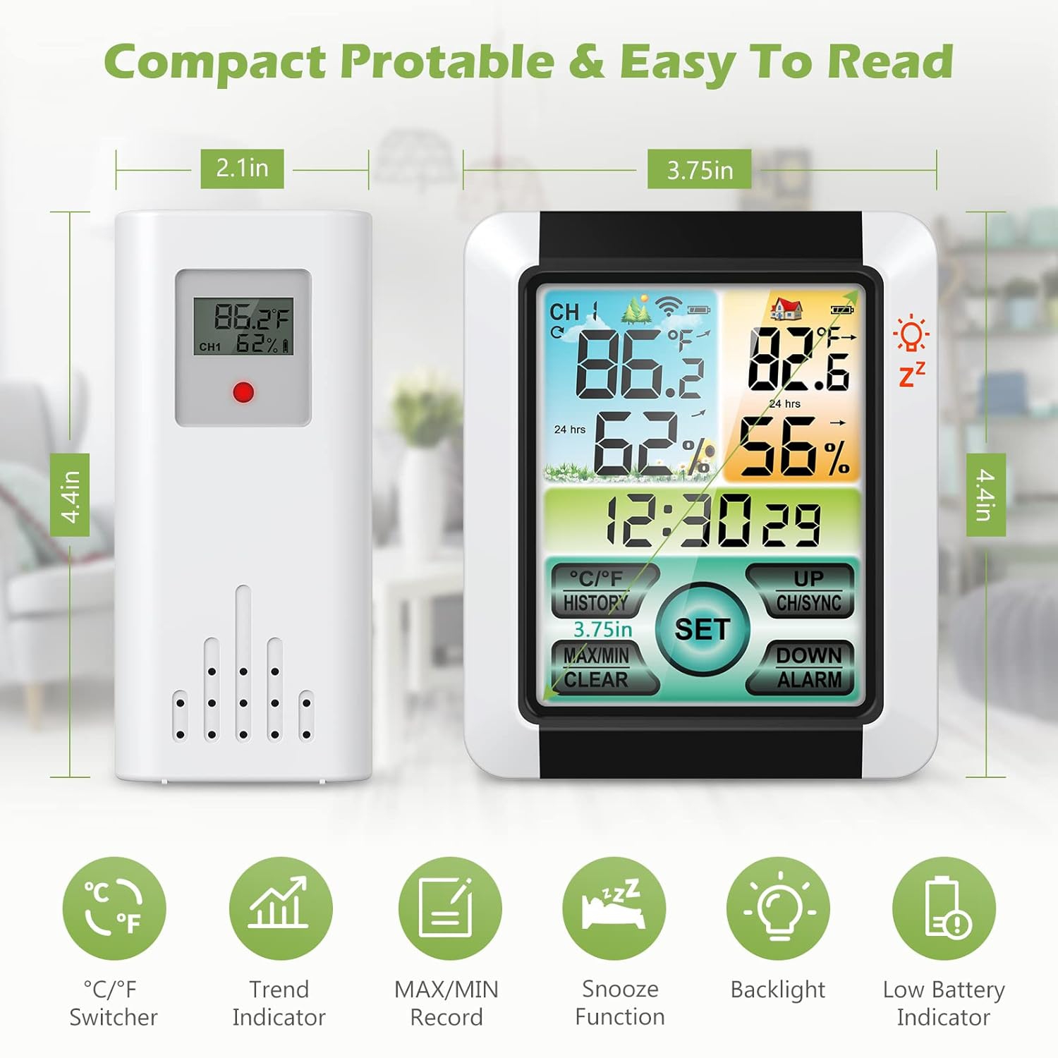 Thermomètre et hygromètre sans fil intérieur et extérieur, horloge météo grand écran couleur, capteur étanche IPX4, alarme et mémoire max/min,