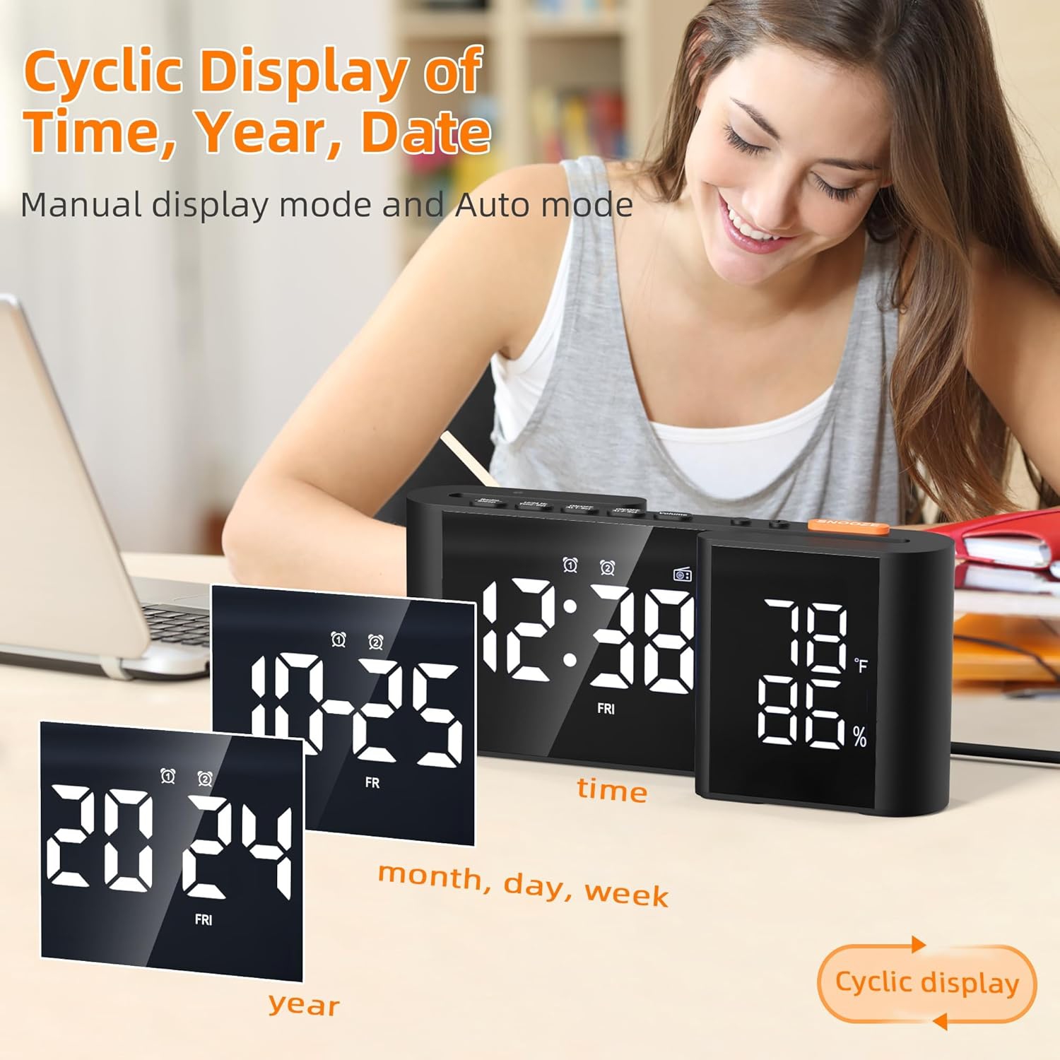 S-shaped dual screen LED display - FM radio, dual alarm clock, auto dimming display and USB charging, ideal for bedroom/office