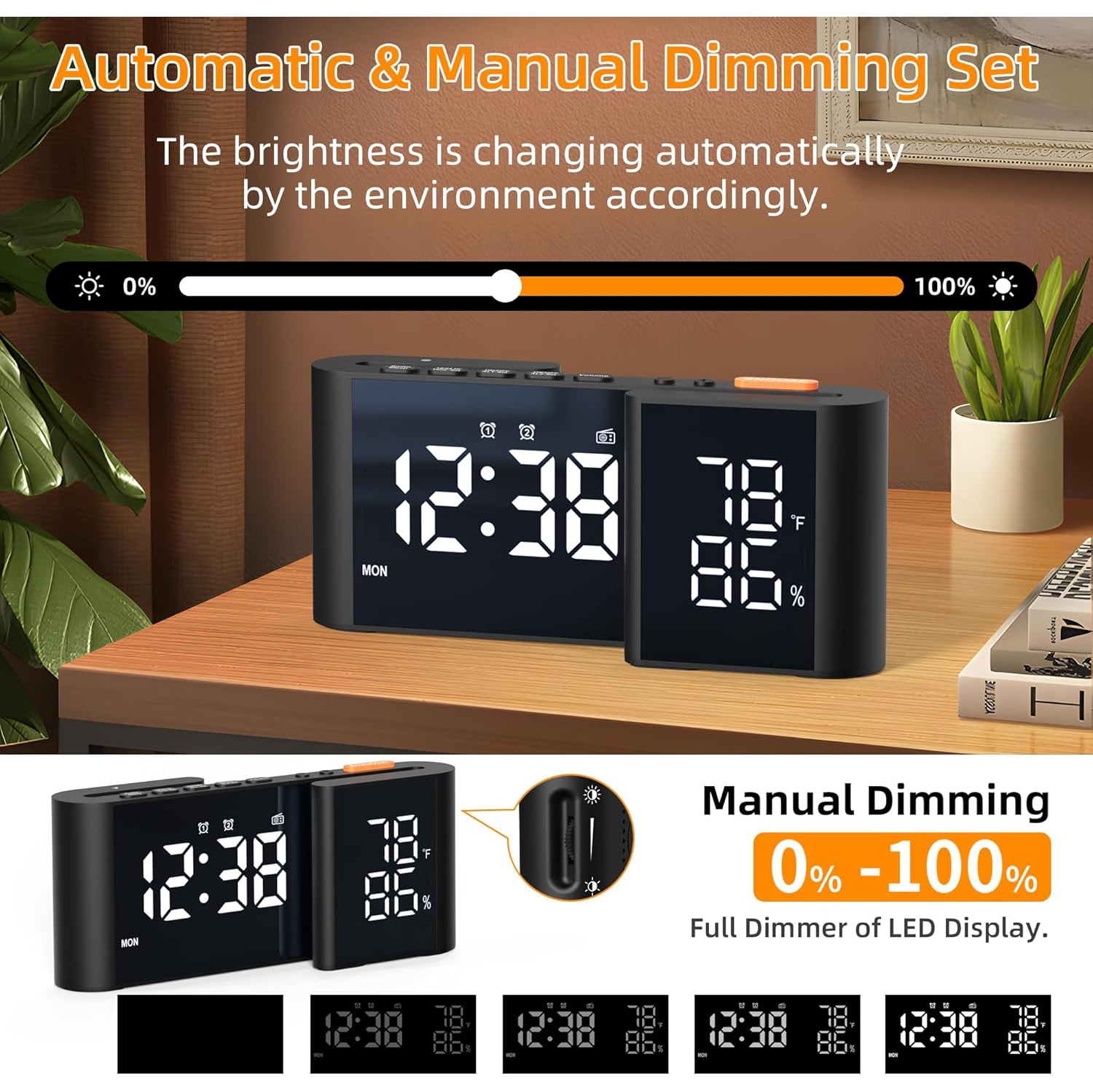 S-shaped dual screen LED display - FM radio, dual alarm clock, auto dimming display and USB charging, ideal for bedroom/office