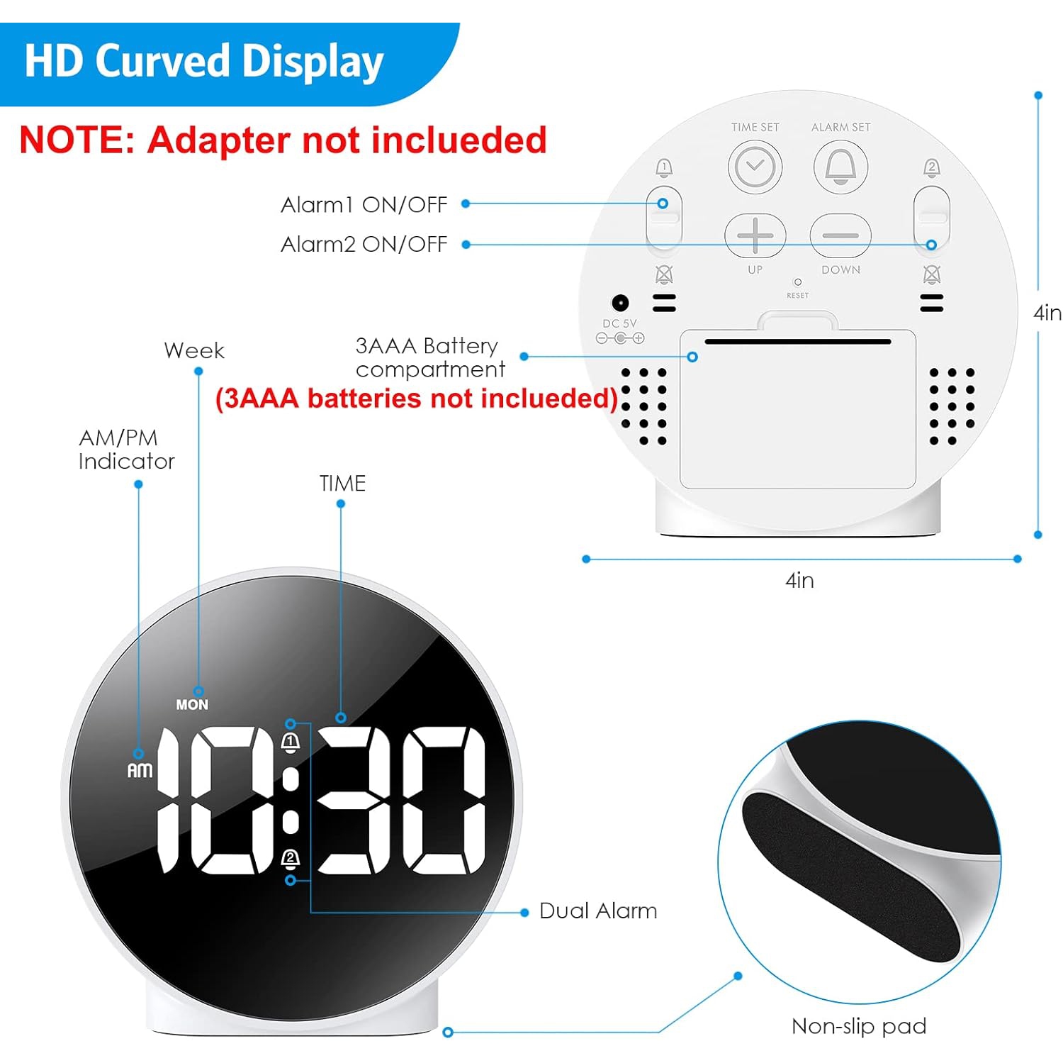 Minimalist LED Digital Alarm Clock - Adjustable Brightness, 5 Alarm Modes, Function, Dual Power Supply, 12/24 Hour Format, Perfect for Bedside and