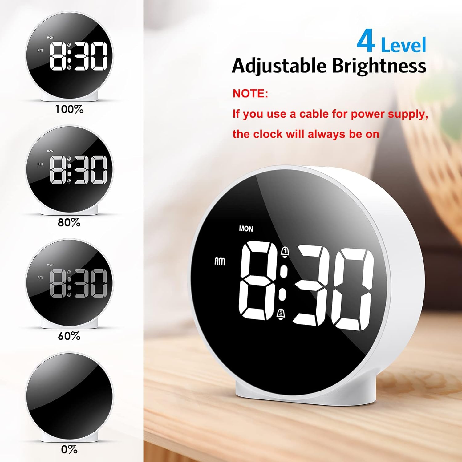 Minimalist LED Digital Alarm Clock - Adjustable Brightness, 5 Alarm Modes, Function, Dual Power Supply, 12/24 Hour Format, Perfect for Bedside and