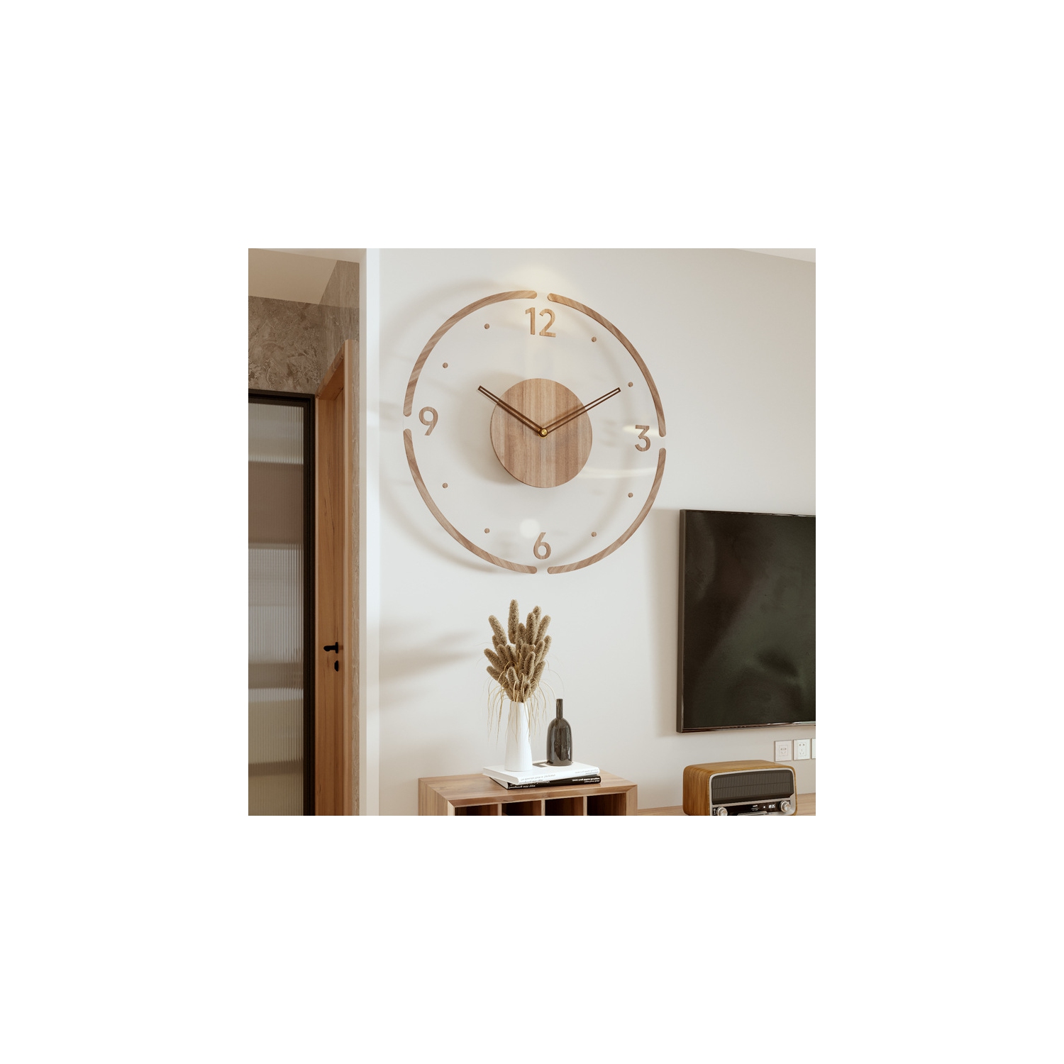 35cm simple modern wall clock, frosted acrylic and wooden design, silent and tickless battery-powered wall clock, round simple decorative living room